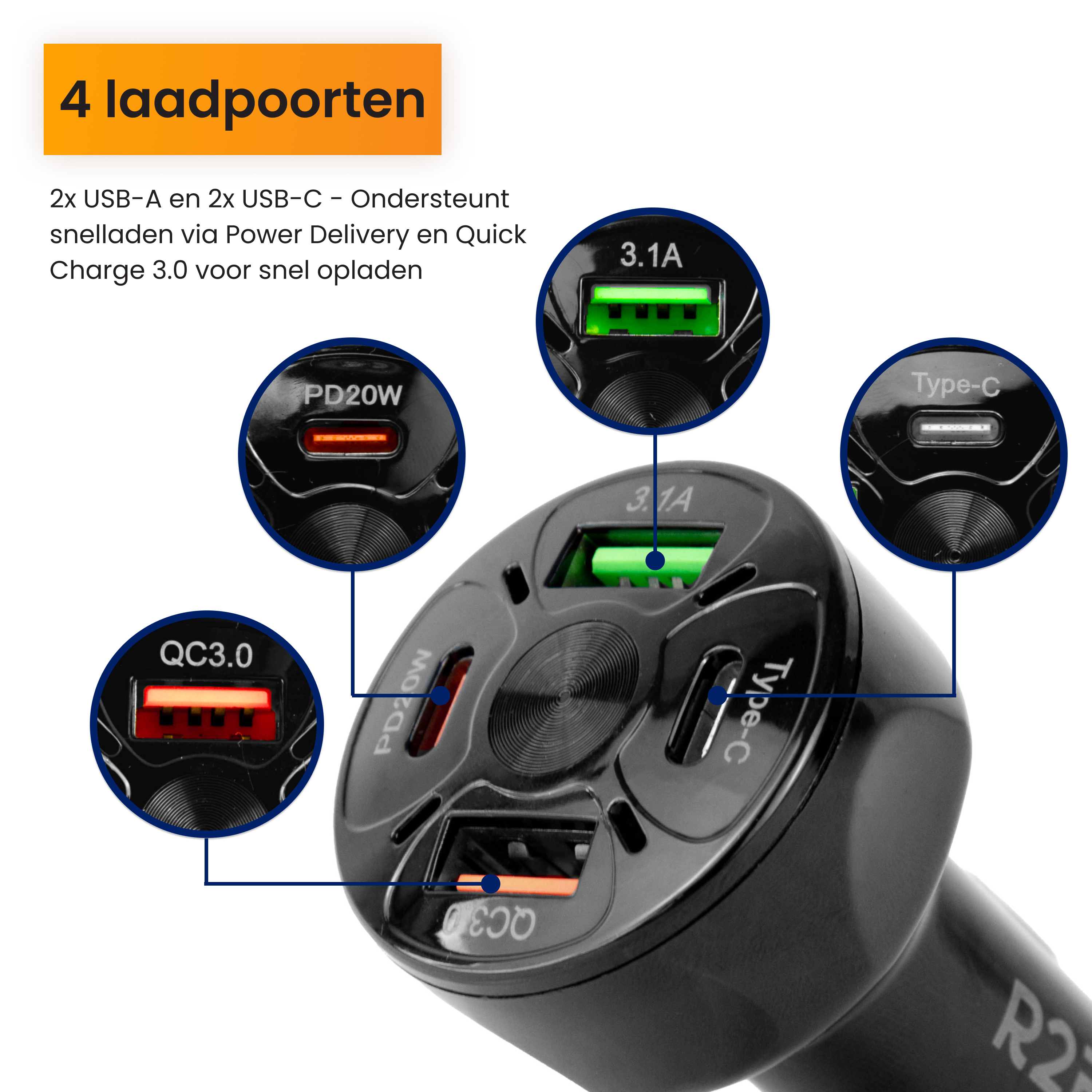 Ein schwarzes Ladegerät mit 4 Anschlüssen, beschriftet mit USB-A, USB-C, PD20W und QC3.0. Grüne und rote Indikatoren.