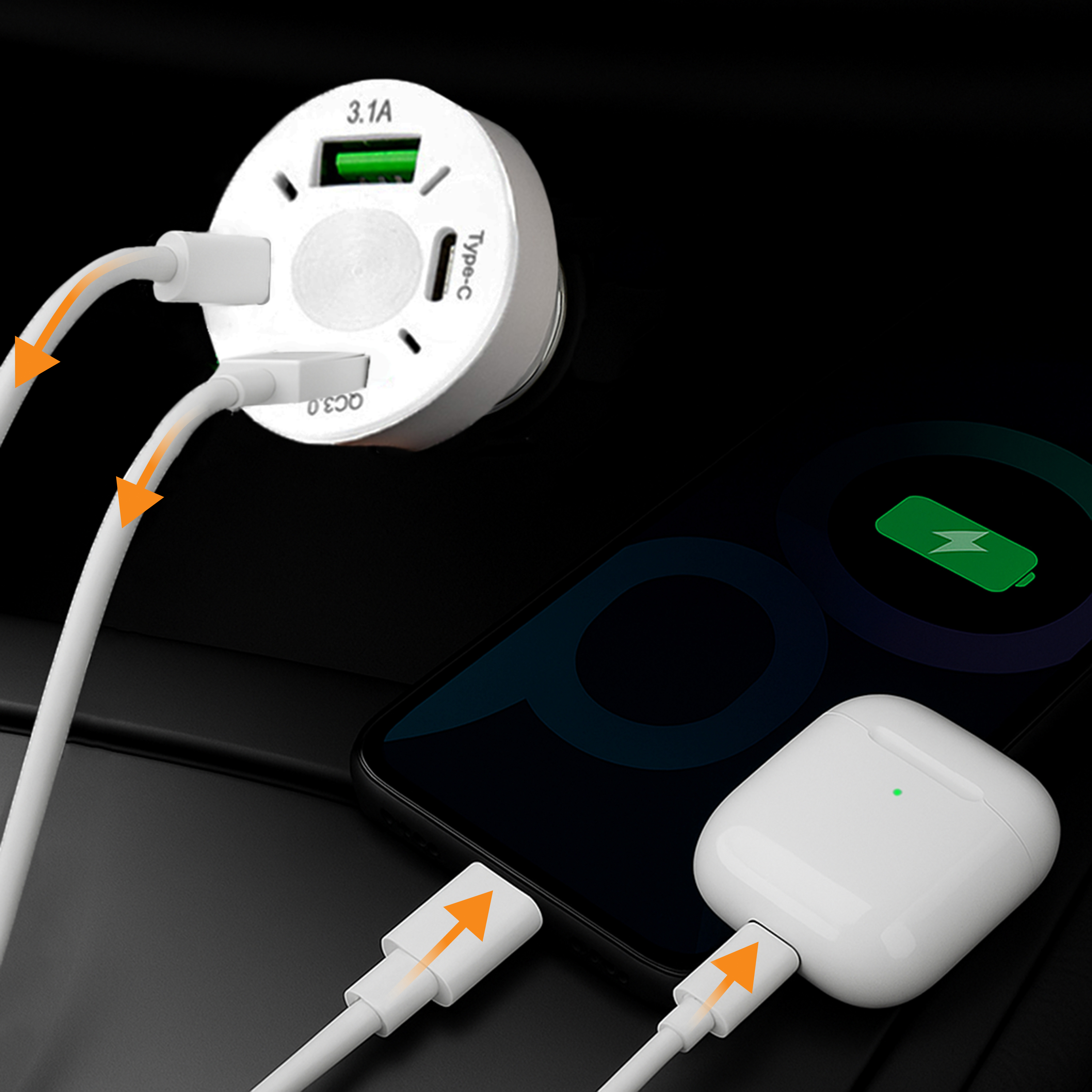 Un chargeur de voiture blanc avec des ports USB et un téléphone en charge. Écouteurs connectés et en charge. Câbles blancs avec flèches orange.