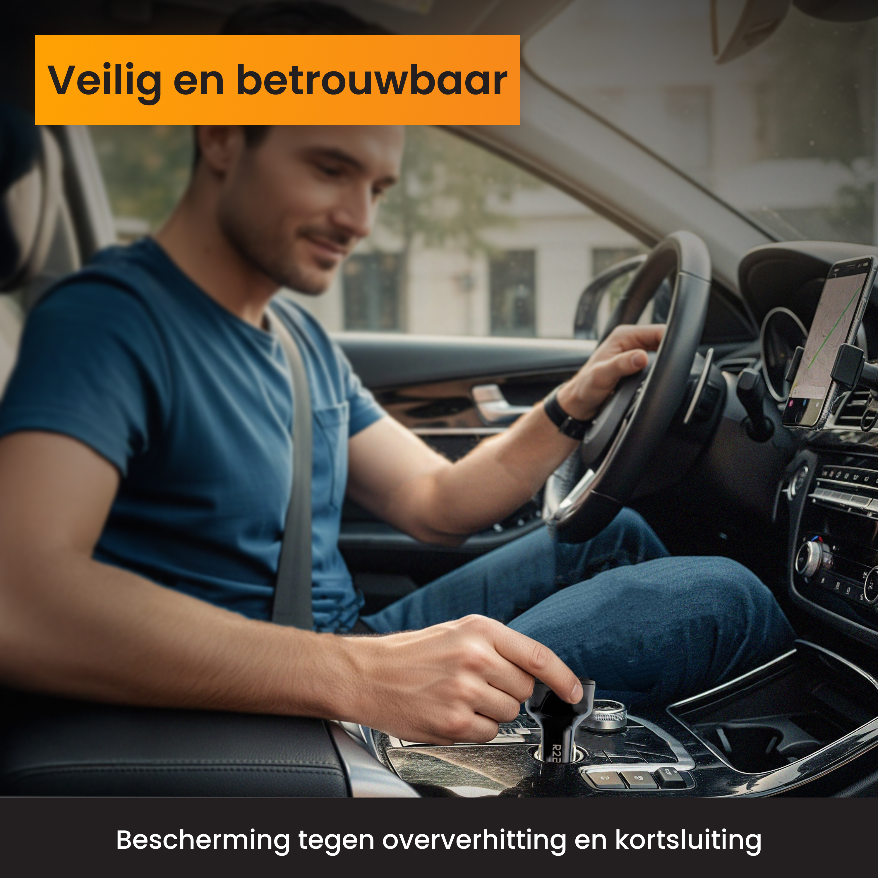 Ein Mann fährt Auto, hält Lenkrad und Schalthebel. Ein Telefon ist auf dem Armaturenbrett montiert.