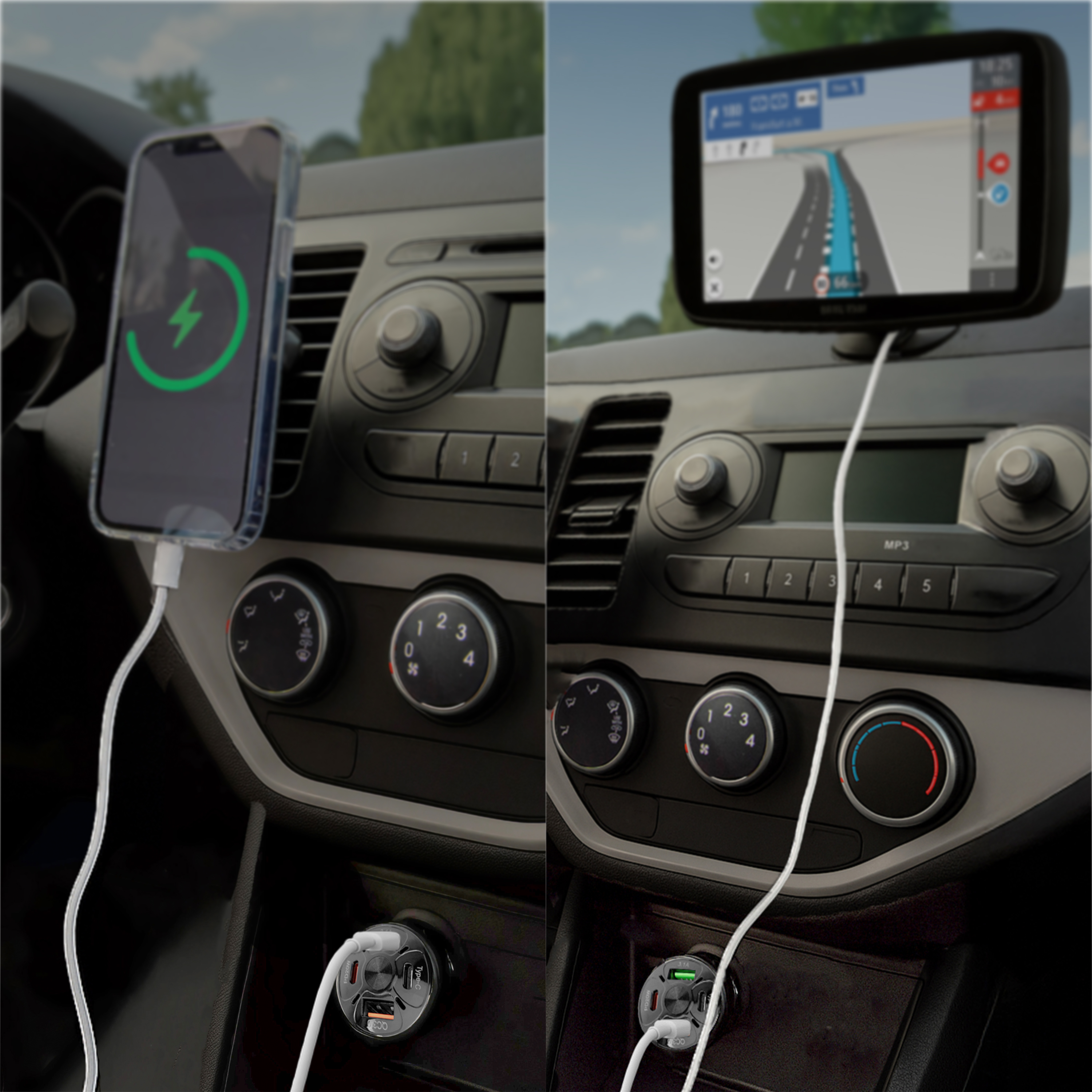 Autoinnenraum mit Handyaufladung links und GPS rechts. Ladegerät und Armaturenbrettdetails sind sichtbar.
