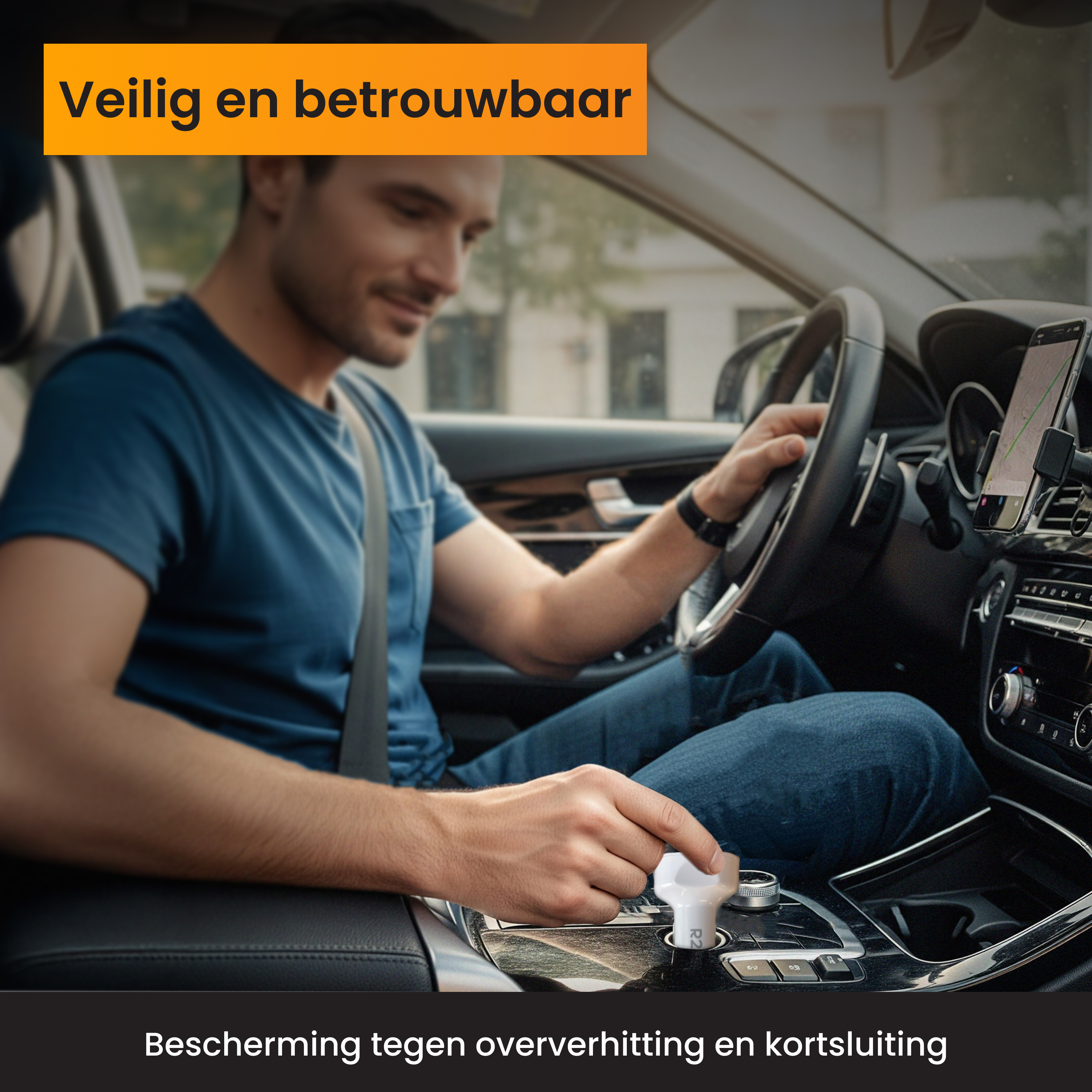 Homme dans une voiture tenant un appareil blanc, conduisant. Le texte en haut dit : Sûr et fiable. Le texte en bas dit : Protection contre la surchauffe.
