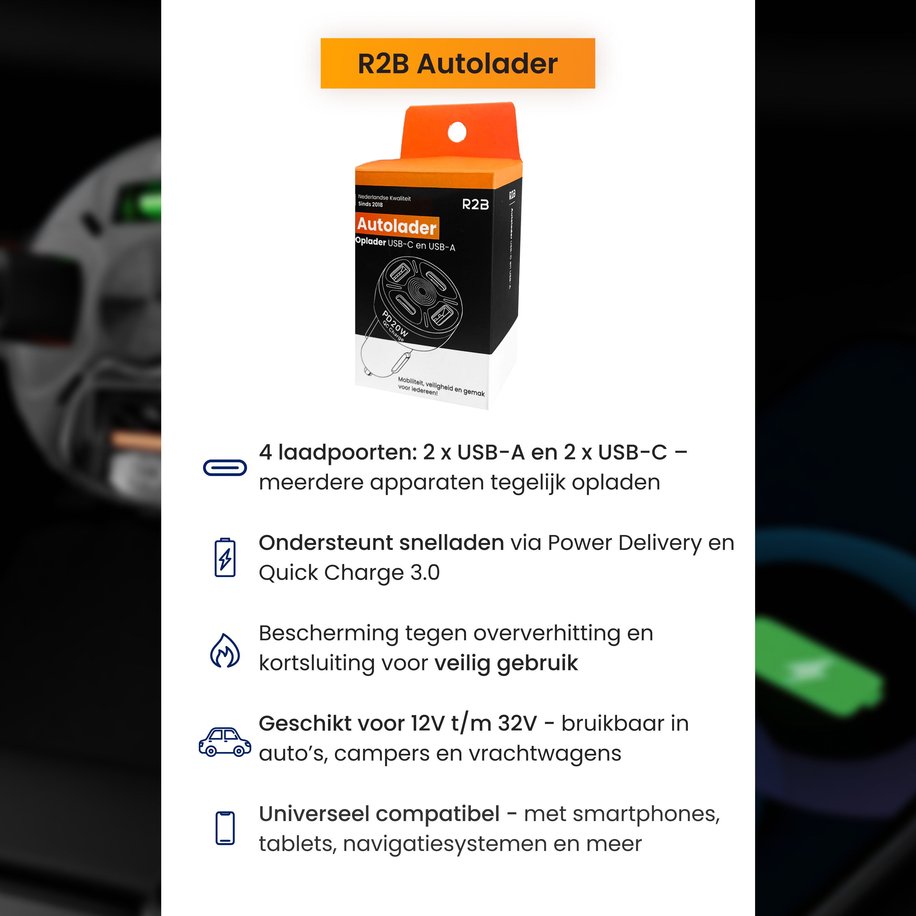 Orangefarbene Box mit Laderdetails. Der Text enthält 'R2B Autolader', Merkmale des Ladegeräts und seine Kompatibilität.