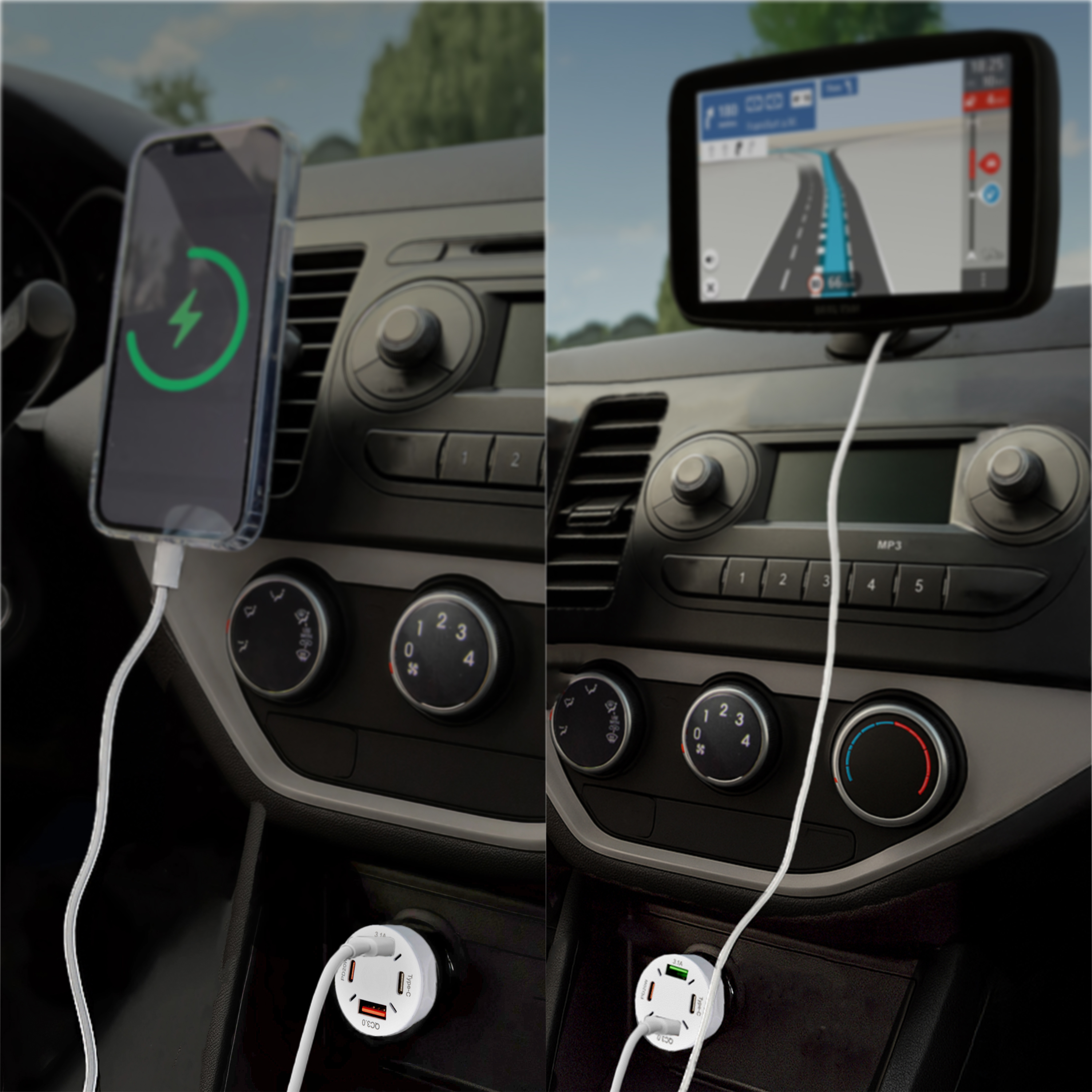 Intérieur de voiture avec téléphone en charge, écran de navigation et chargeur. Le téléphone affiche l'icône de charge. Commandes et chargeur du tableau de bord visibles.