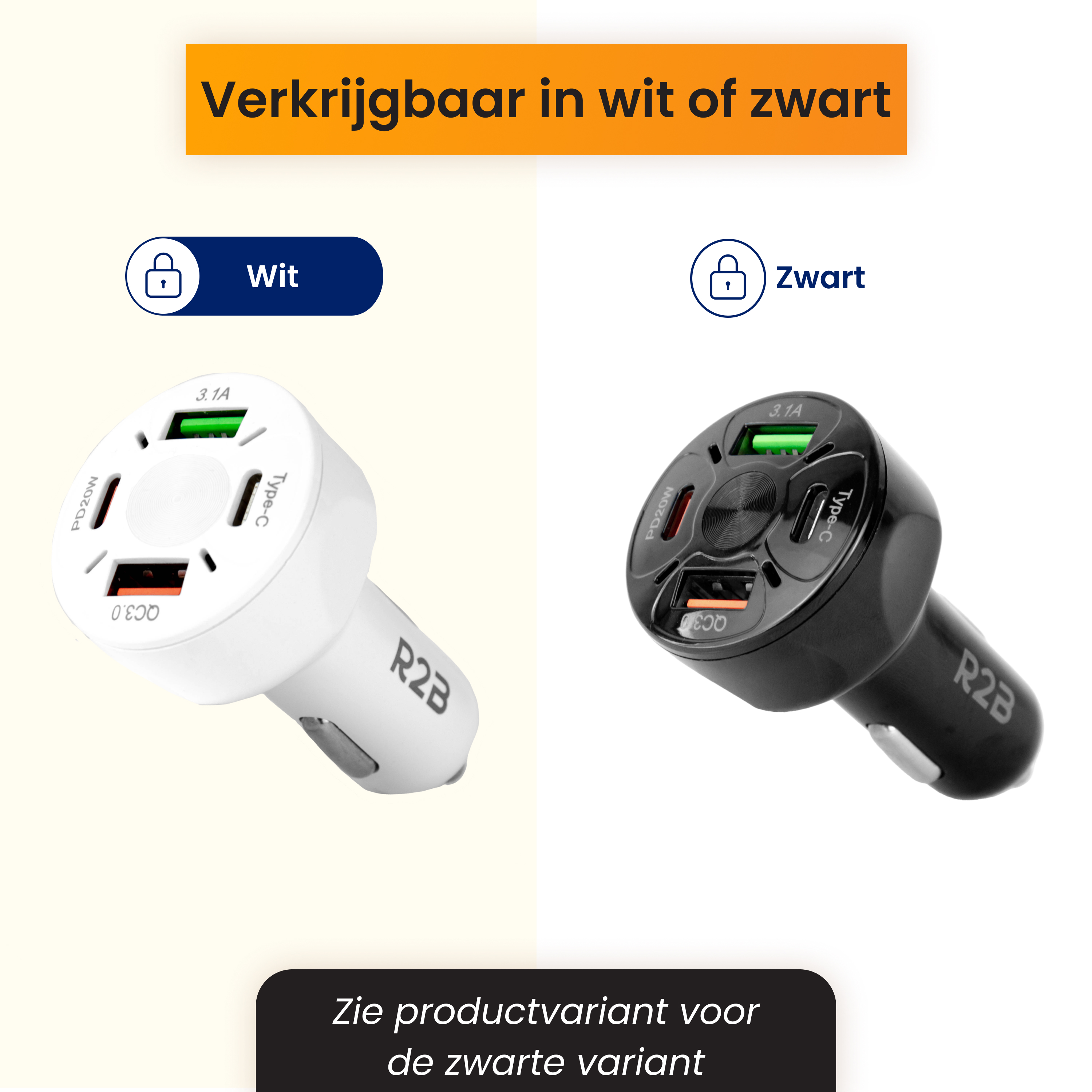 L'image montre un chargeur de voiture blanc et noir. Le texte dit « Disponible en blanc ou noir ». Le blanc est étiqueté « Wit ».