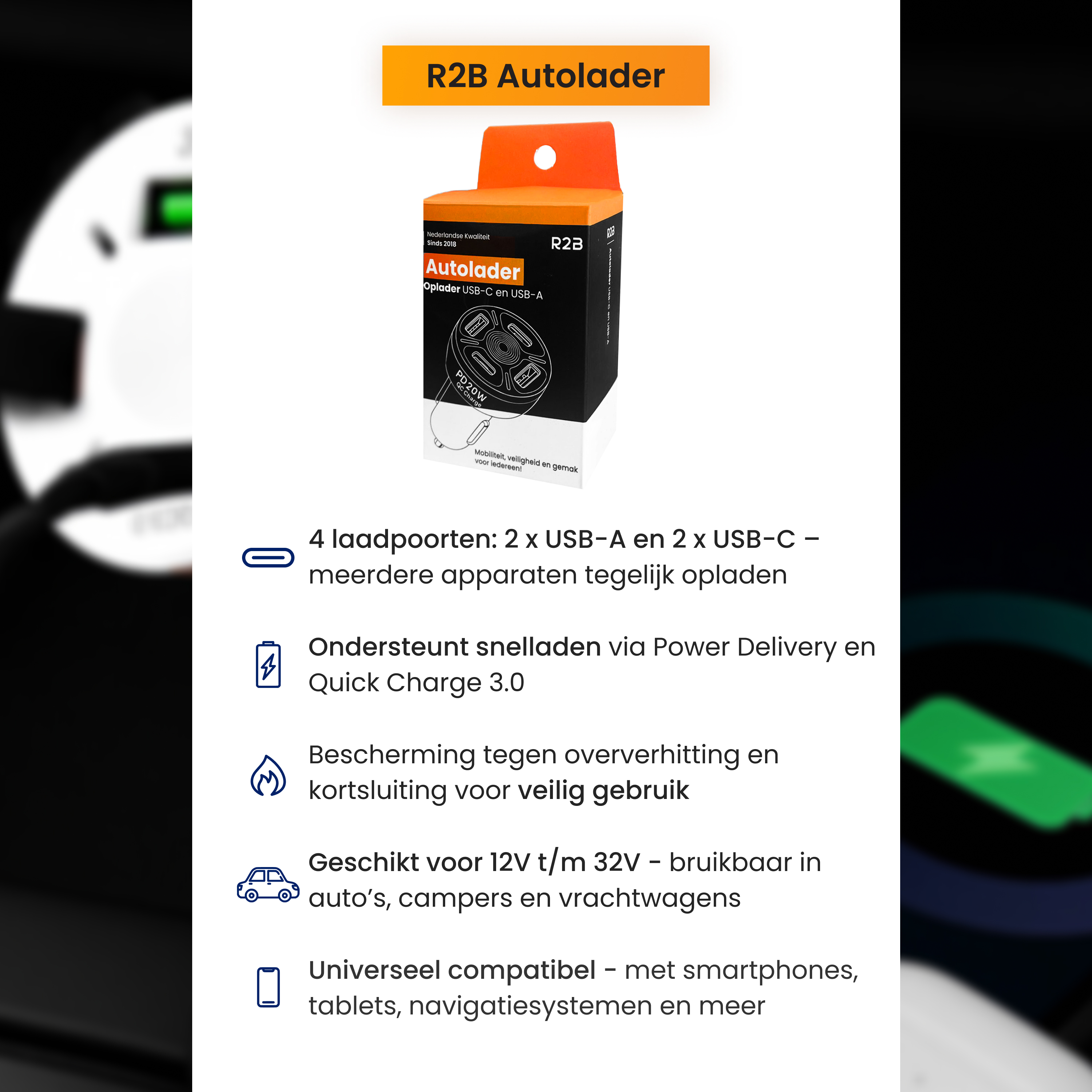 Une boîte orange avec un chargeur de voiture est présentée. Elle met en avant la charge rapide, plusieurs ports et la compatibilité.