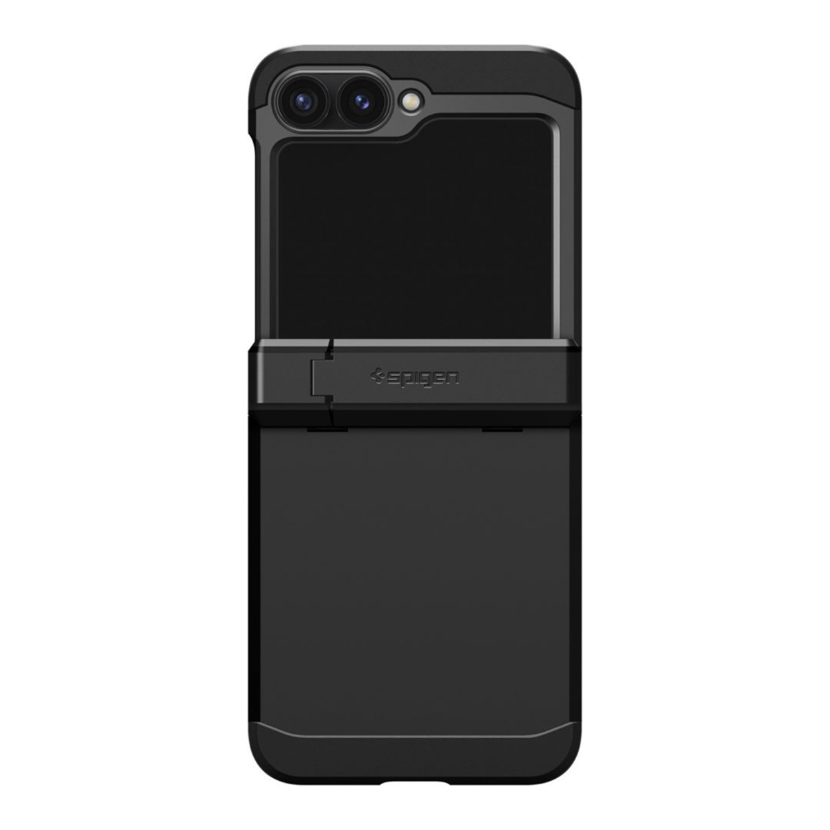 Custodia nera per telefono con logo Spigen. La sezione superiore ha lenti della fotocamera. Design pieghevole con cornice protettiva.