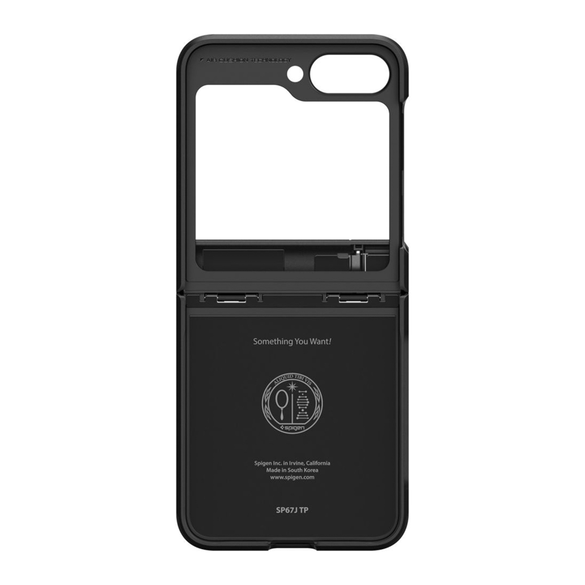 Custodia per telefono nera dal design aperto. Presenta il logo Spigen, testo e la frase 'Something You Want!'. Il design è rettangolare.