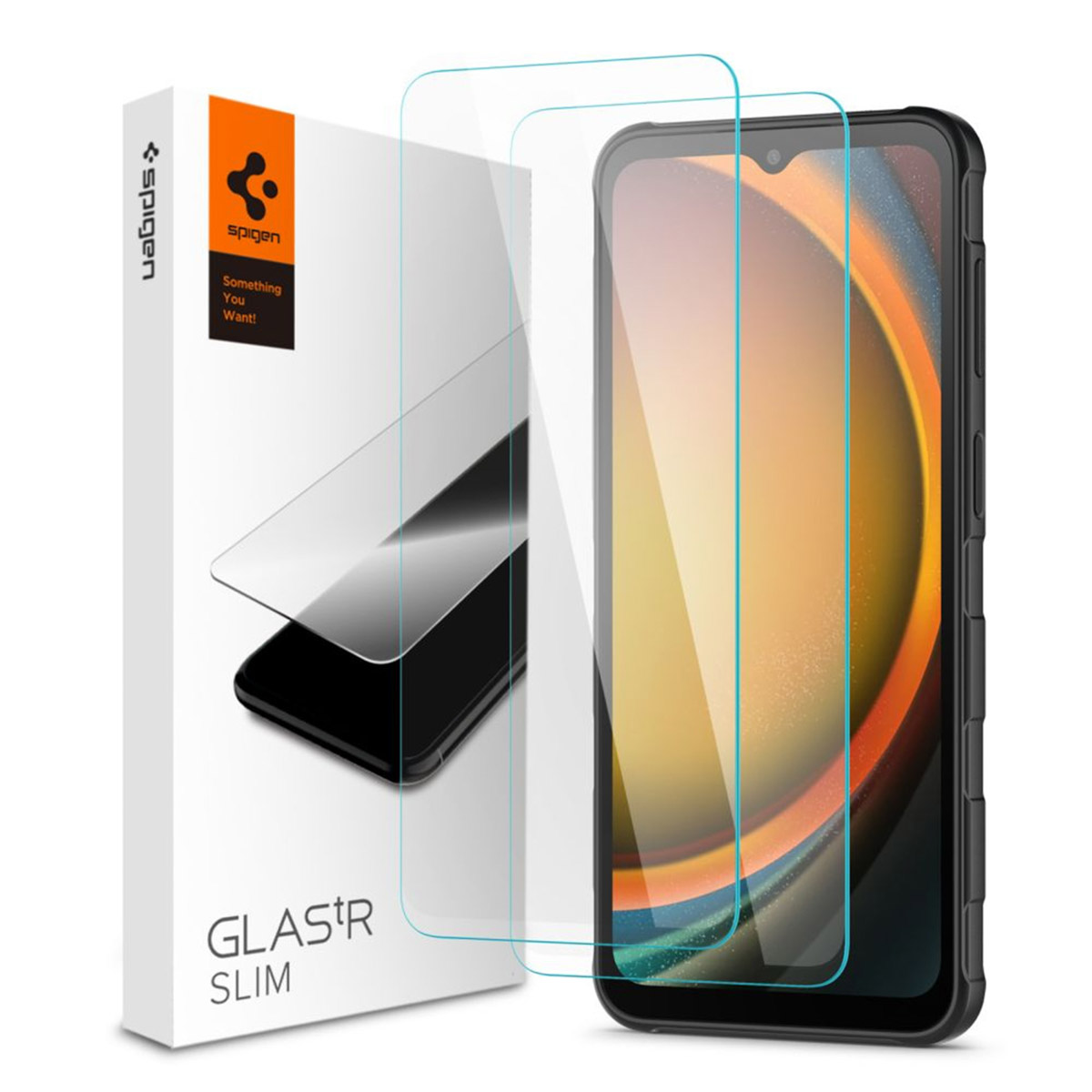 Un téléphone avec un protecteur d'écran et son emballage. L'emballage est blanc avec le logo Spigen et le nom du protecteur.