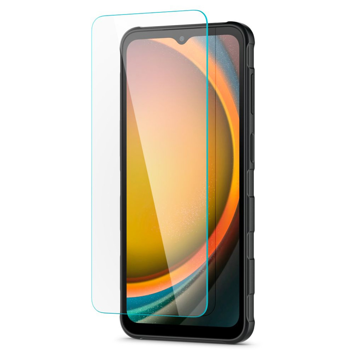 Un smartphone avec un protecteur d'écran. Le téléphone est noir, le protecteur est transparent. Le fond est blanc.