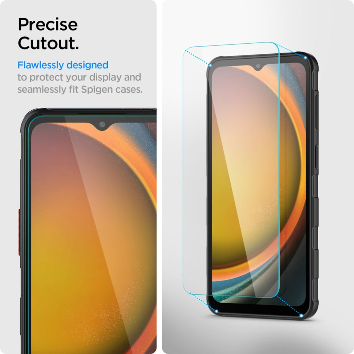Image d'un smartphone avec protecteur d'écran. Le téléphone est noir, l'écran a un dégradé orange et jaune. Une ligne pointillée bleue.