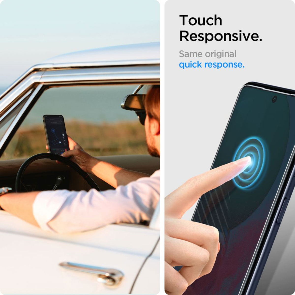 Un homme dans une voiture blanche utilise un téléphone affichant une carte. Un doigt touche l'écran d'un téléphone, montrant un capteur d'empreintes digitales lumineux.
