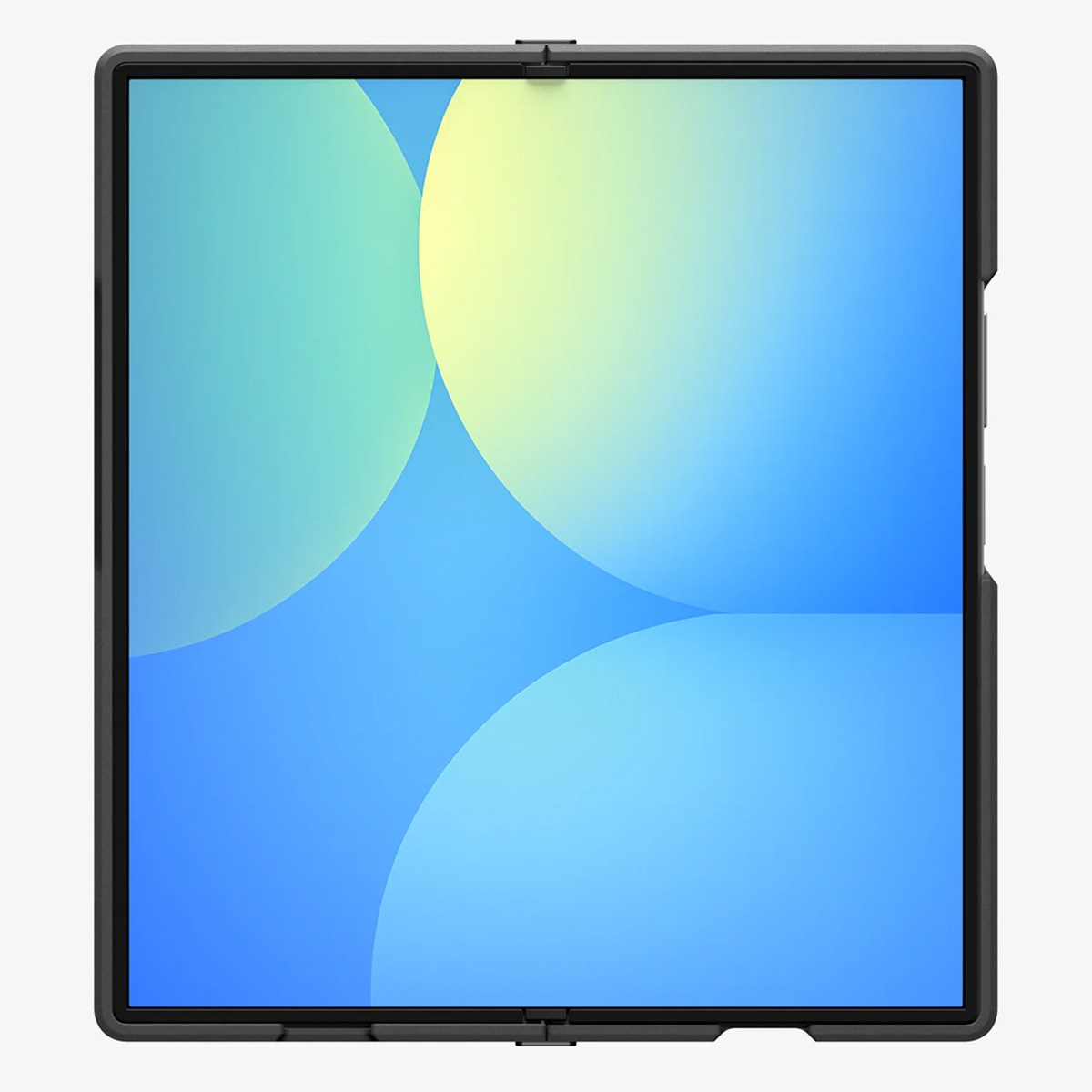 Ein Tablet-Gerät mit schwarzem Rahmen. Der Bildschirm zeigt einen blau-gelben Farbverlauf mit sich überlappenden Kreisen.