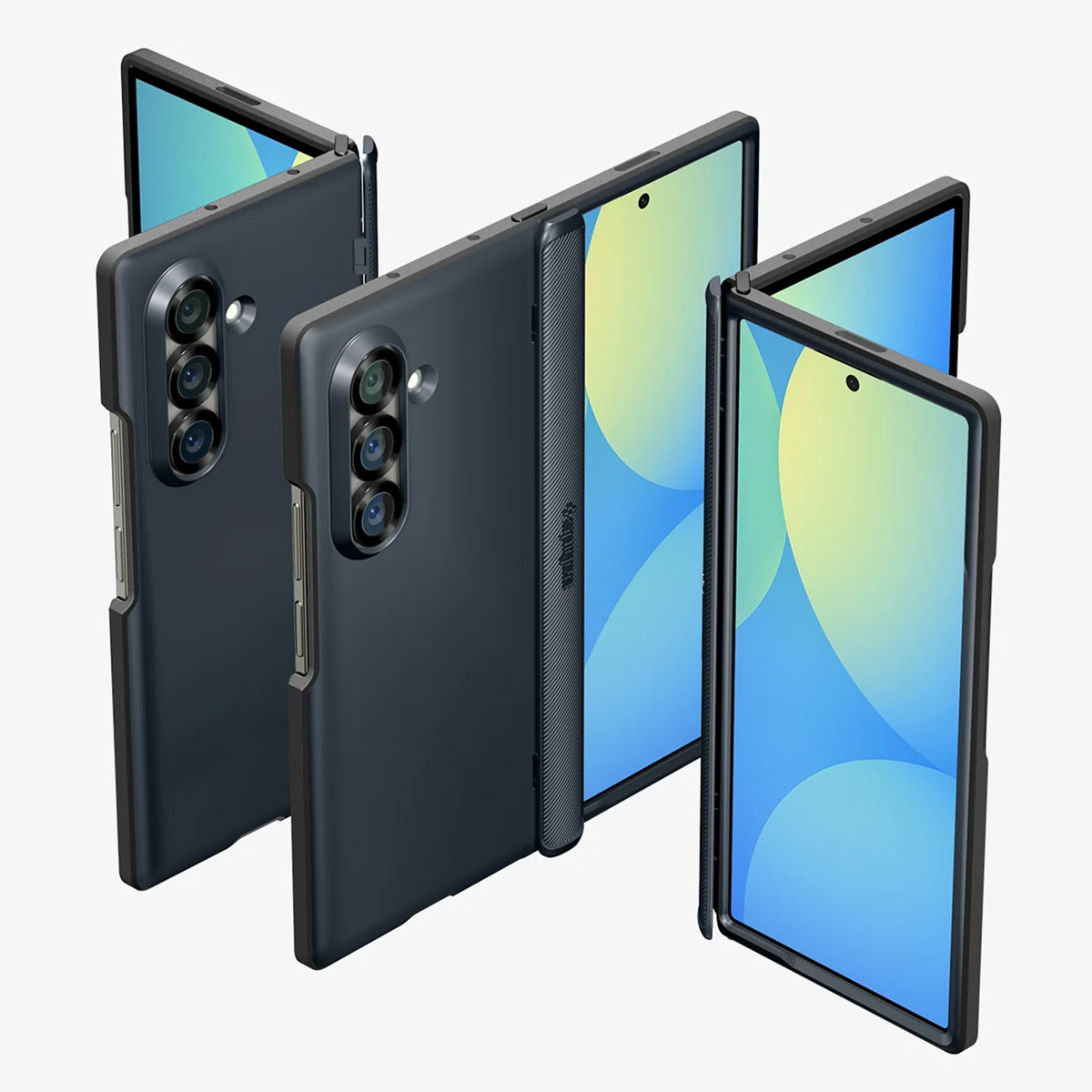 Vier dunkelblaue Smartphones, drei gefaltet und eines geöffnet, zeigen hellblaue und gelbe Bildschirme. Sie sind auf weißem Hintergrund.