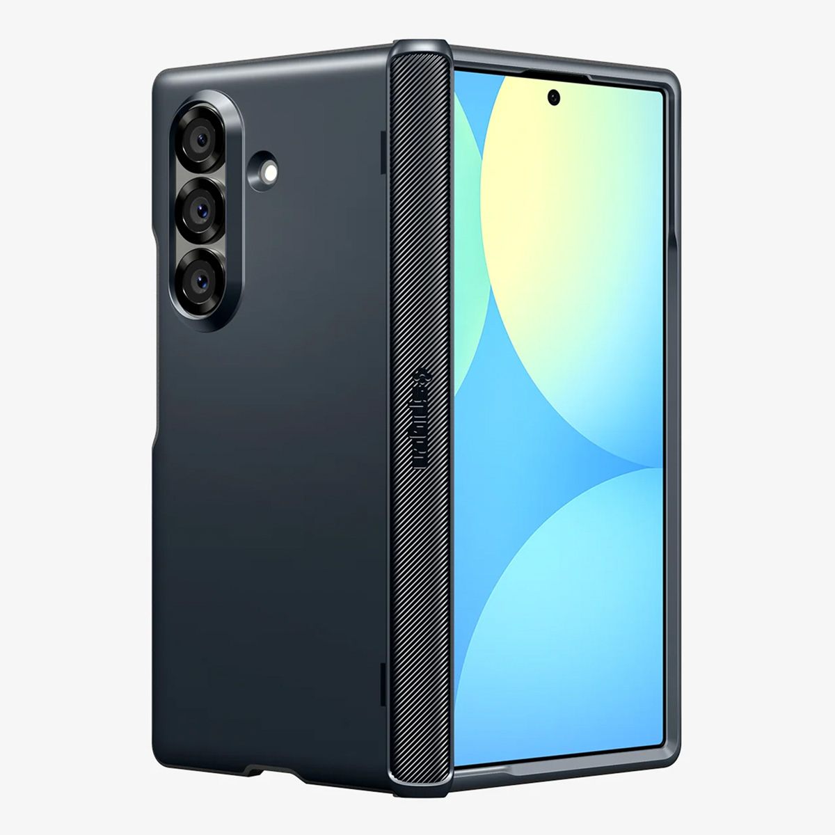 Ein dunkelblaues Smartphone, teilweise geöffnet, zeigt einen hellblau-gelben Bildschirm. Das Telefon hat drei Rückkameras und eine Schutzhülle.