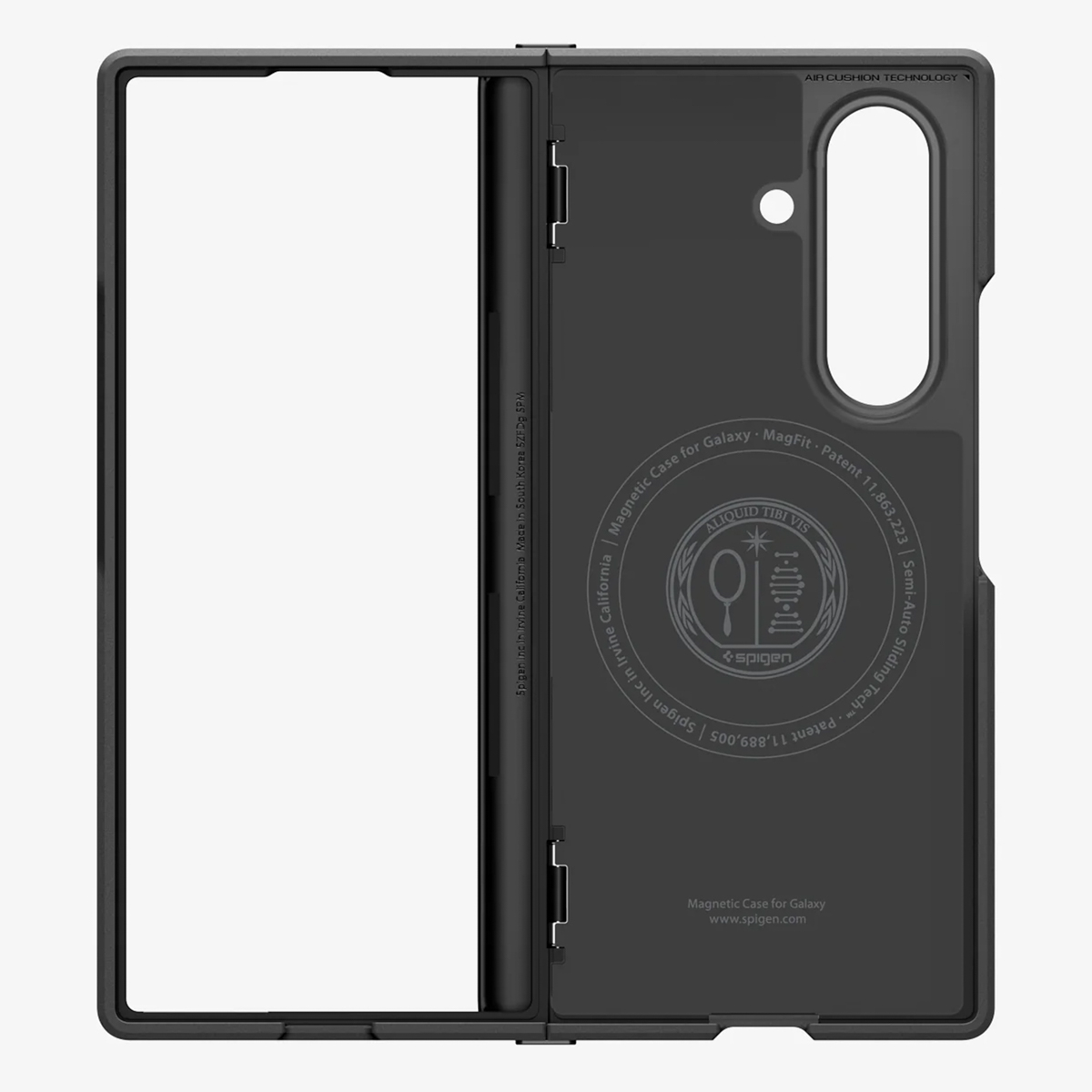 Schwarze Handyhülle für Galaxy, offen. Es hat einen Rahmen und eine Rückseite mit Text. Der Markenname ist Spigen.