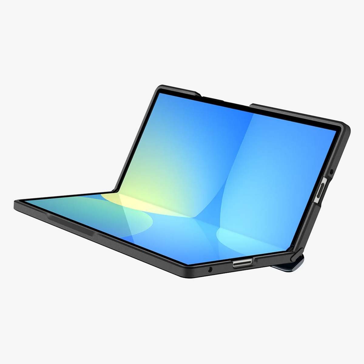 Ein faltbares Tablet mit blauem und gelbem Bildschirm. Das Tablet ist schwarz, offen und schräg vor weißem Hintergrund dargestellt.
