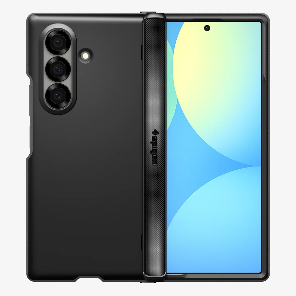 Schwarzes faltbares Telefon, teilweise geöffnet. Die geschlossene Seite hat Kameras. Die offene Seite zeigt einen Bildschirm mit blauen und gelben Grafiken.