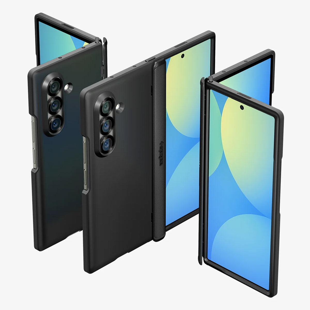 Vier schwarze Smartphones mit Hüllen werden in verschiedenen Winkeln angezeigt. Die Bildschirme zeigen blaue und gelbe abstrakte Hintergründe.
