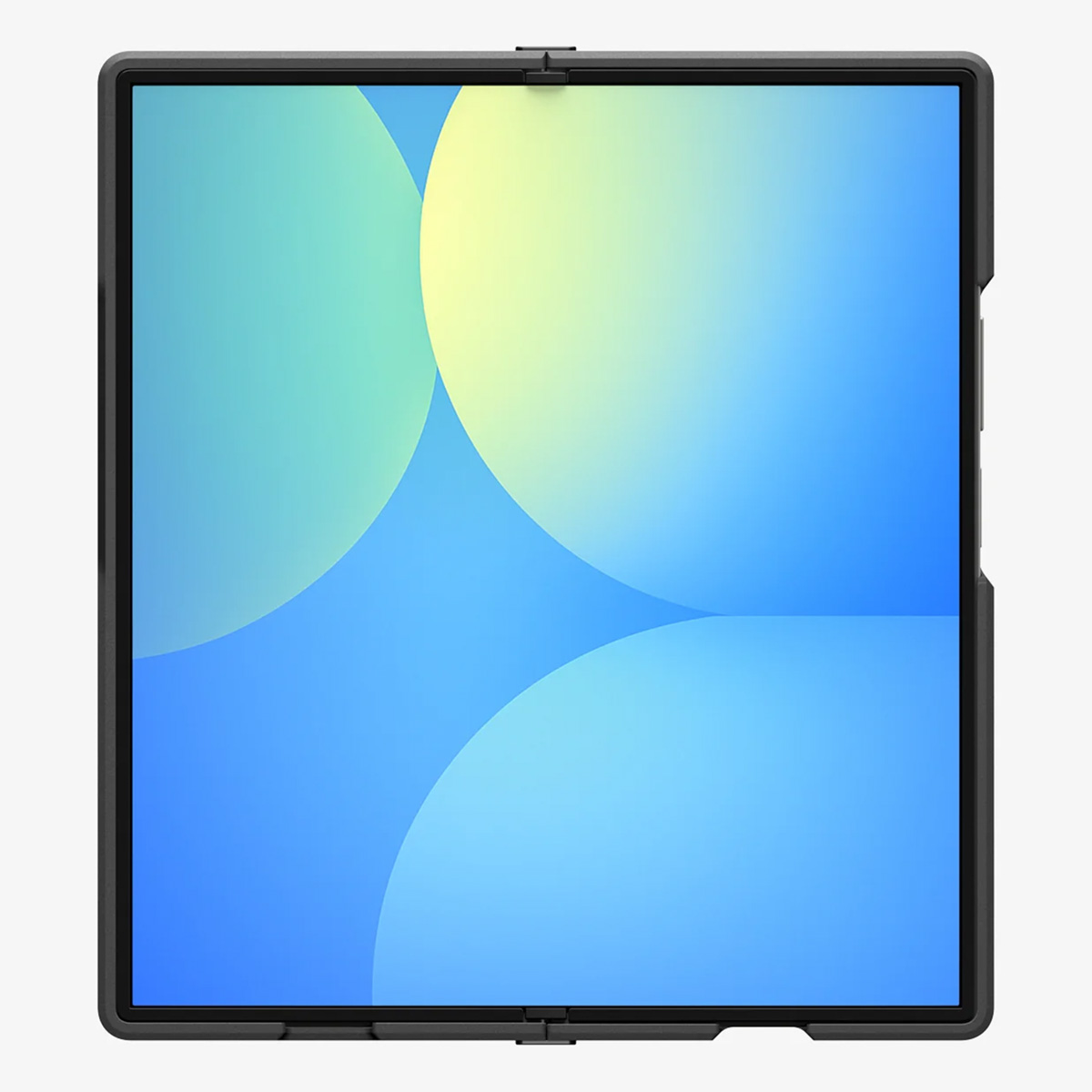 Tablet-Bildschirm mit abstrakten Design, Blau- und Grüntönen. Schwarzer Rahmen. Weißer Hintergrund.