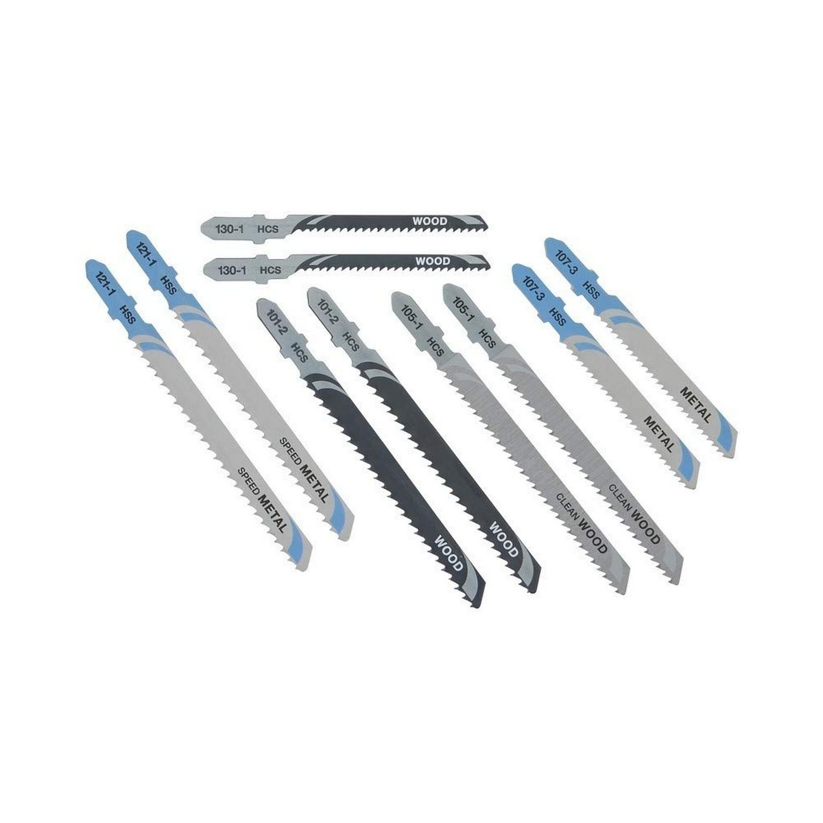 Surtido de hojas de sierra de calar sobre blanco. Las hojas son grises y azules, etiquetadas para madera, metal y diferentes velocidades de corte.