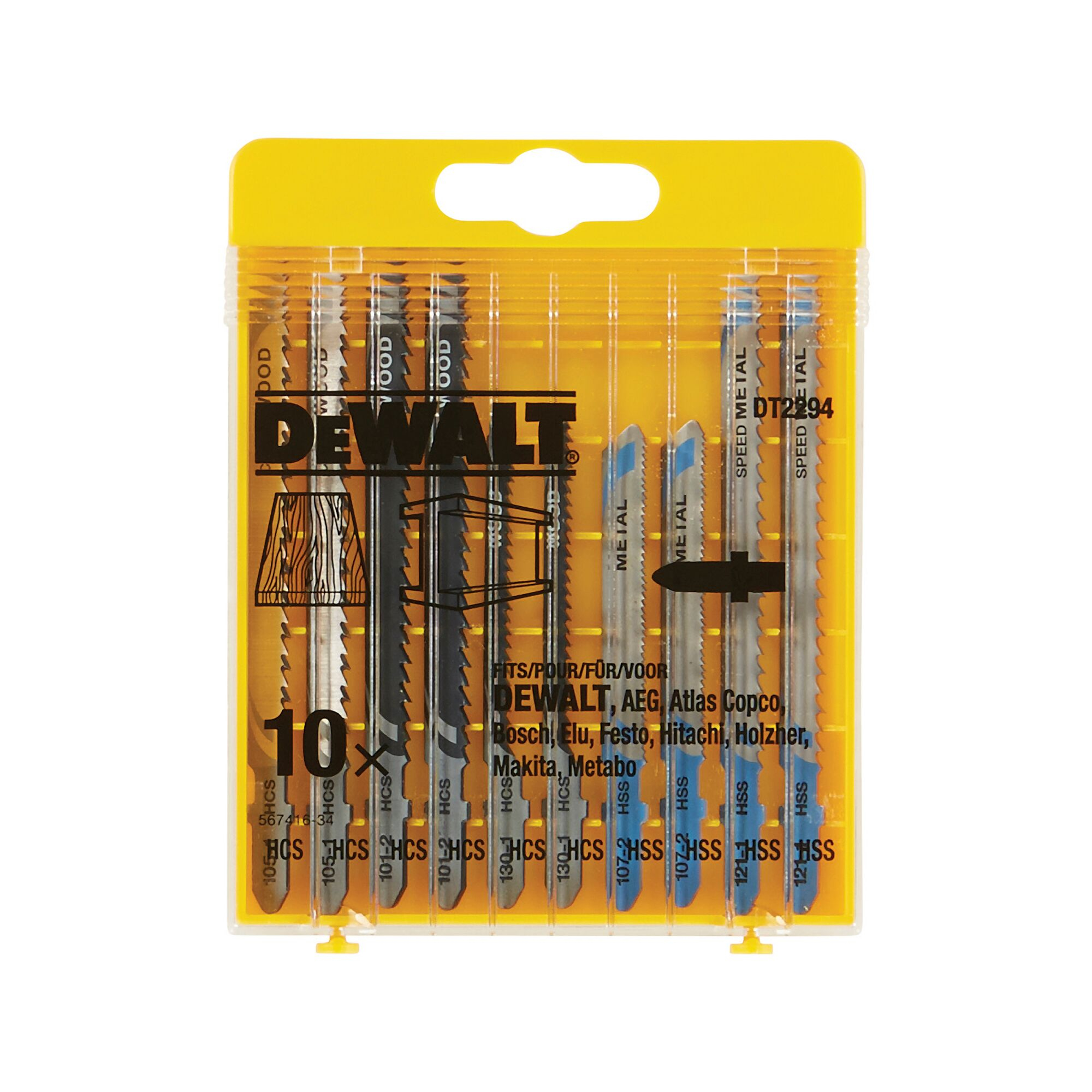 Una caja de plástico amarilla que contiene diez hojas de sierra. Las cuchillas son plateadas y negras, con texto y logotipos. La marca es DEWALT.