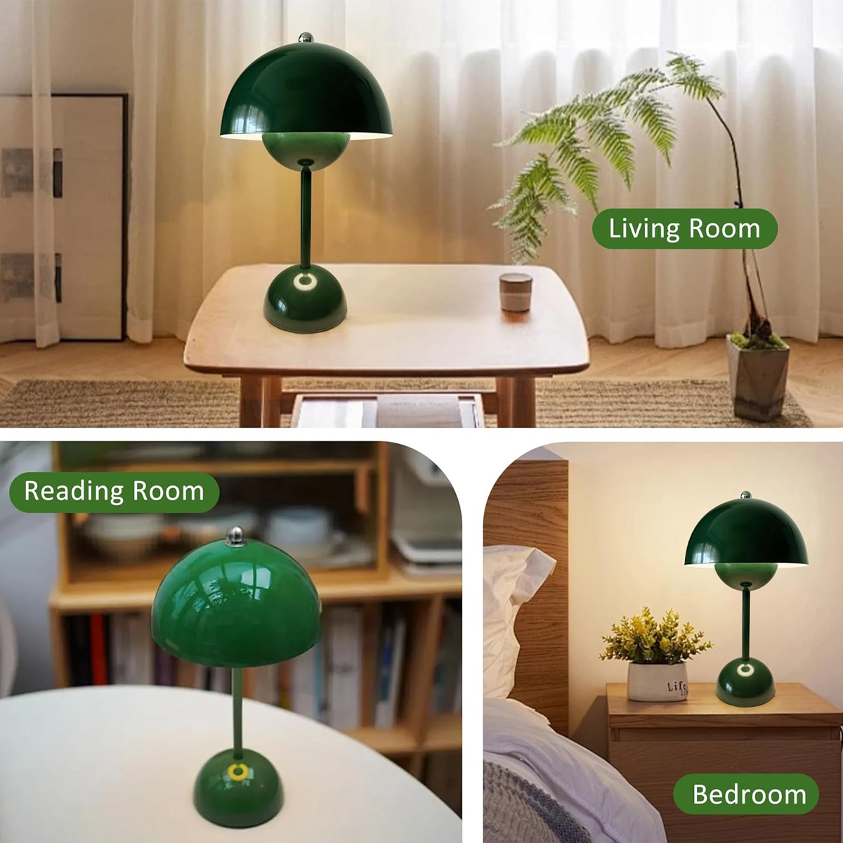 Grüne Lampen in verschiedenen Räumen. Ein Wohnzimmer, ein Leseraum und ein Schlafzimmer mit einer Lampe auf einem Tisch.