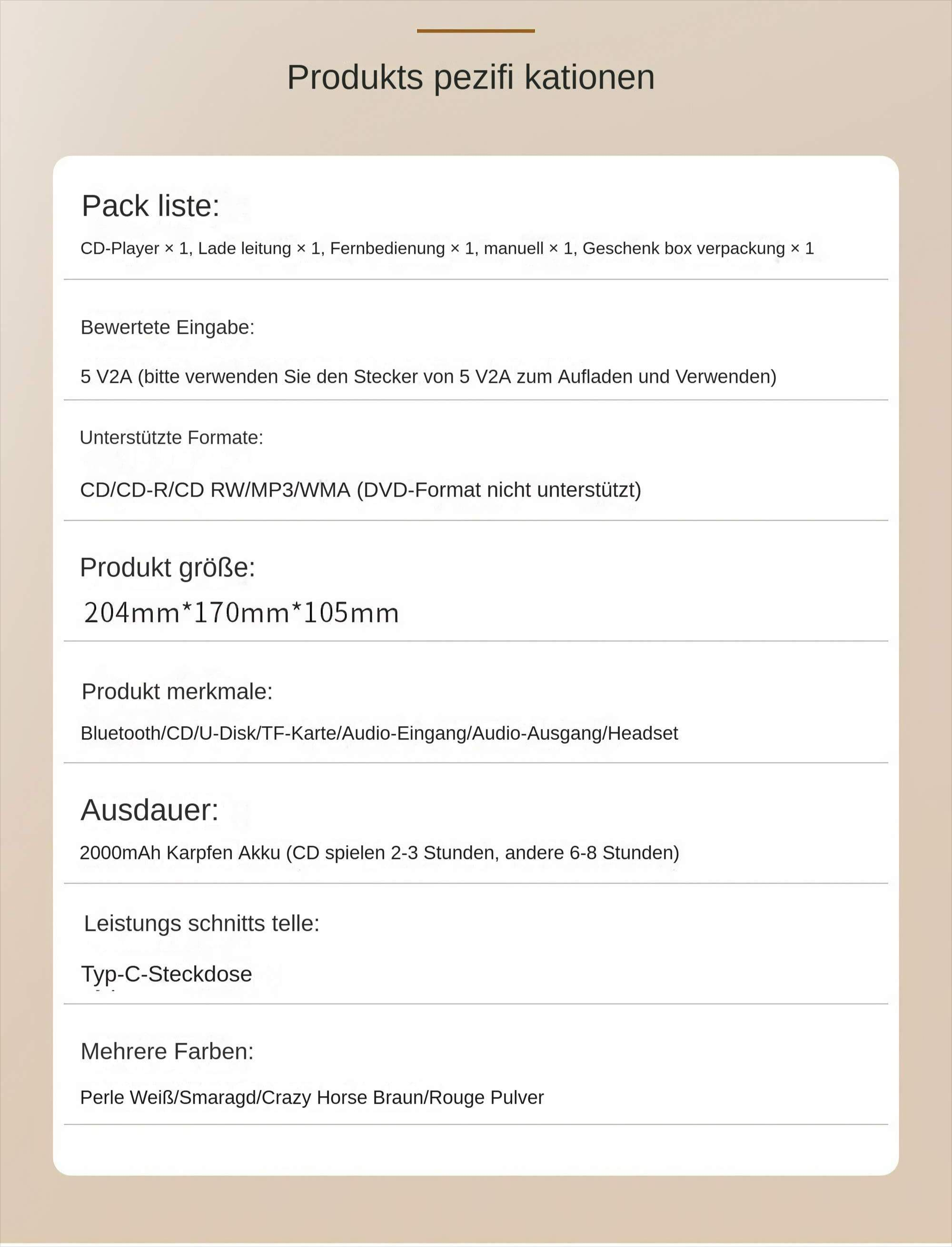 Produktspezifikationen mit einer Artikelliste und Details zum CD-Player, einschließlich Größe, Funktionen und Akkulaufzeit.