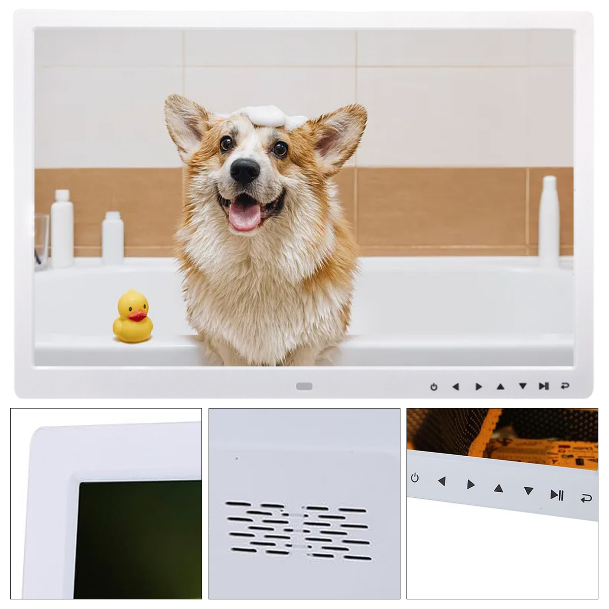 Ein Corgi in einer Badewanne mit Blasen auf dem Kopf, eine gelbe Gummiente und ein digitaler Bilderrahmen.