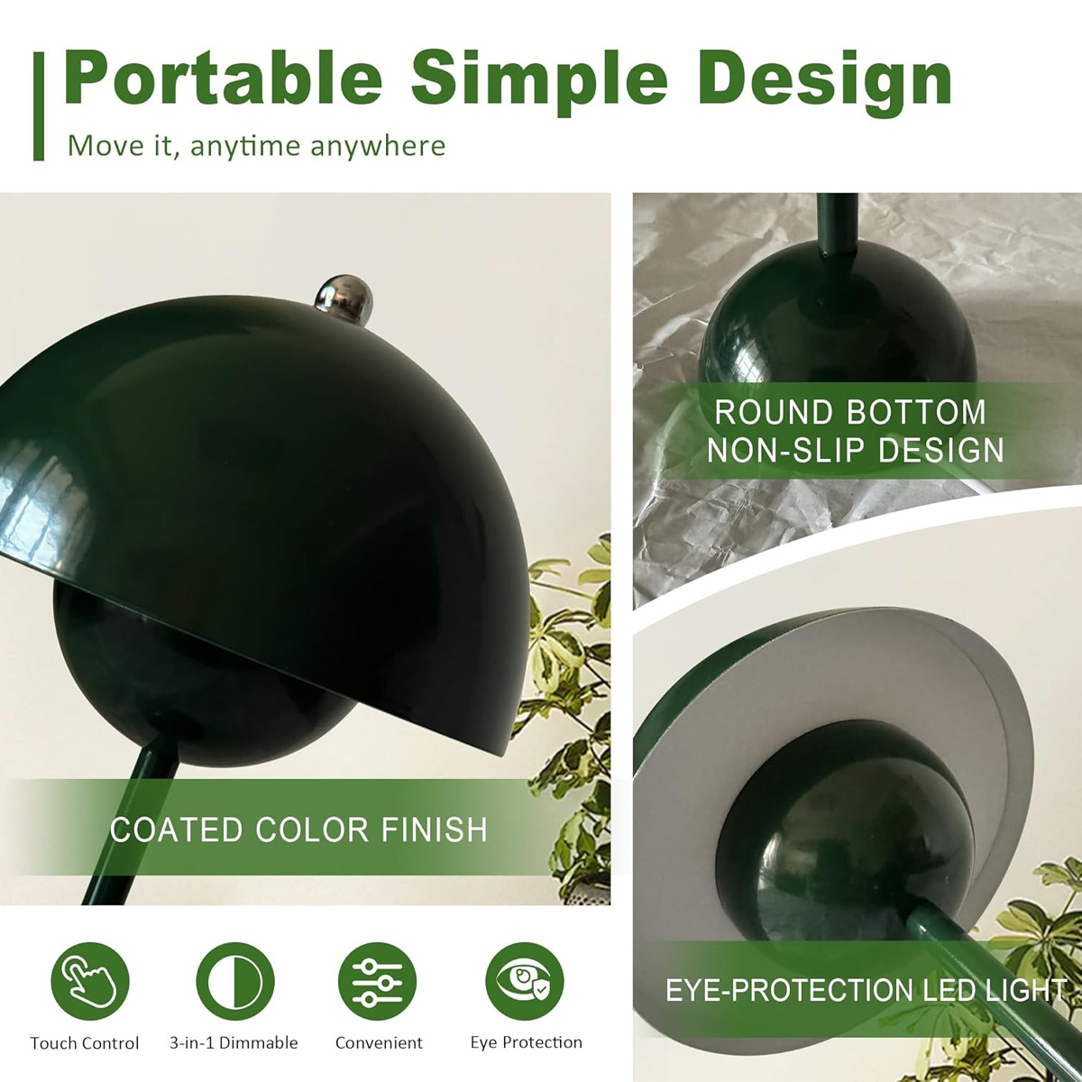 Eine grüne Schreibtischlampe mit rundem Schirm und Fuß. Text enthält 'Tragbares einfaches Design', 'Touch Control' und 'Augenschutz'.