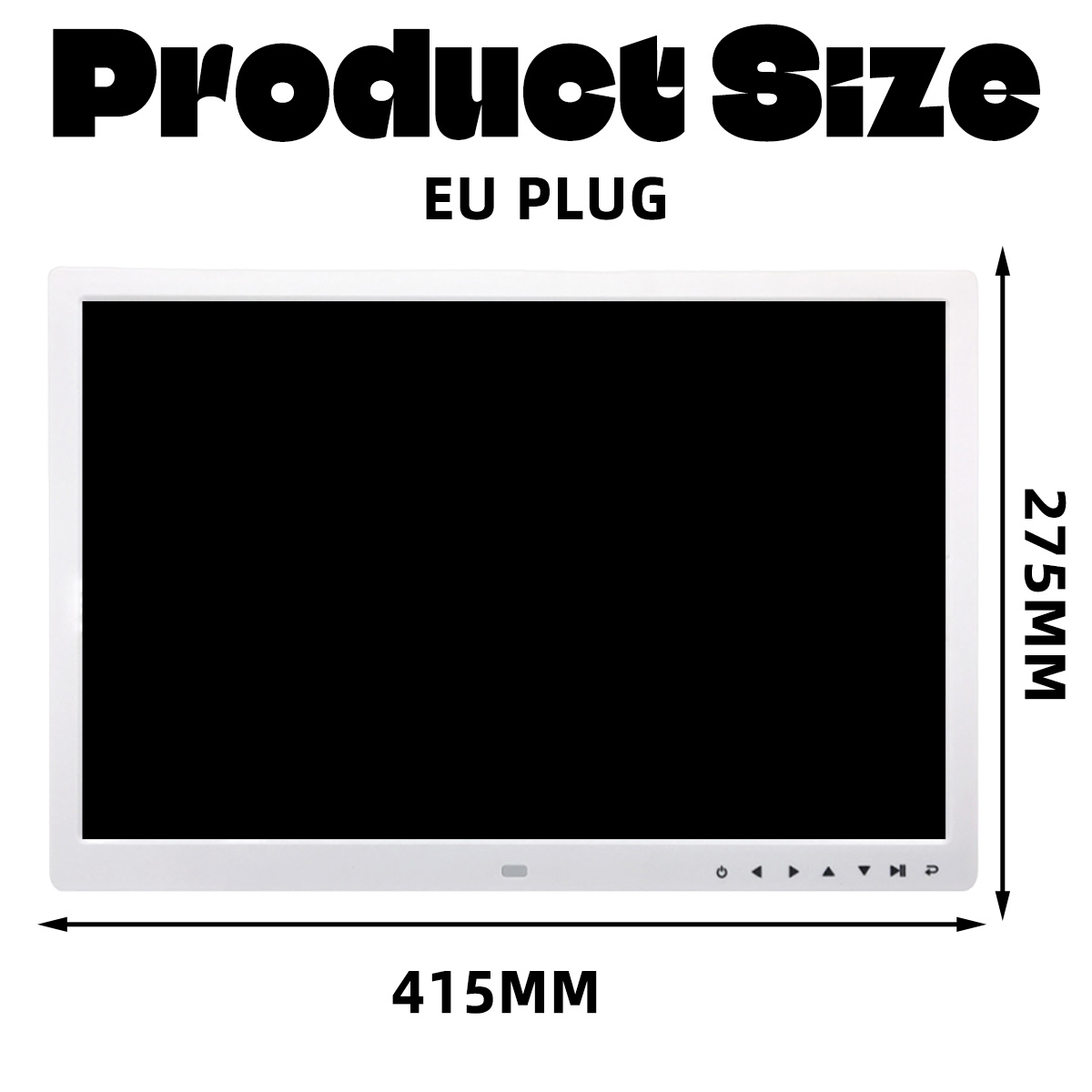 Ein weiß gerahmter Bildschirm mit schwarzer Anzeige. Der Text oben lautet 'Product Size EU Plug'. Abmessungen sind 415 mm x 275 mm.