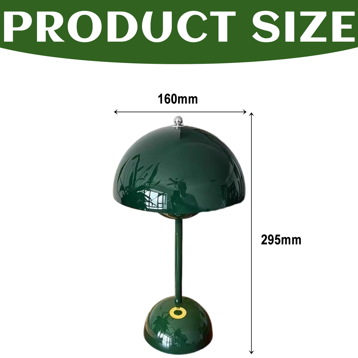 Eine grüne Schreibtischlampe mit den Maßen: 160 mm breit und 295 mm hoch. Der Text 'PRODUCT SIZE' steht oben.