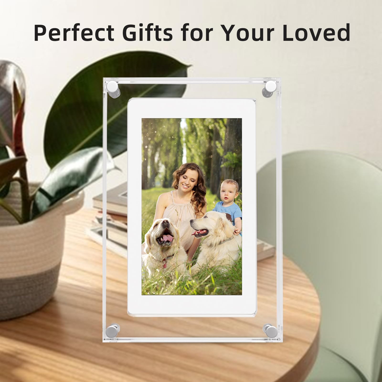 Ein Fotorahmen zeigt eine Familie mit Hunden. Eine Frau, ein Baby und zwei Golden Retriever sind auf dem Foto.