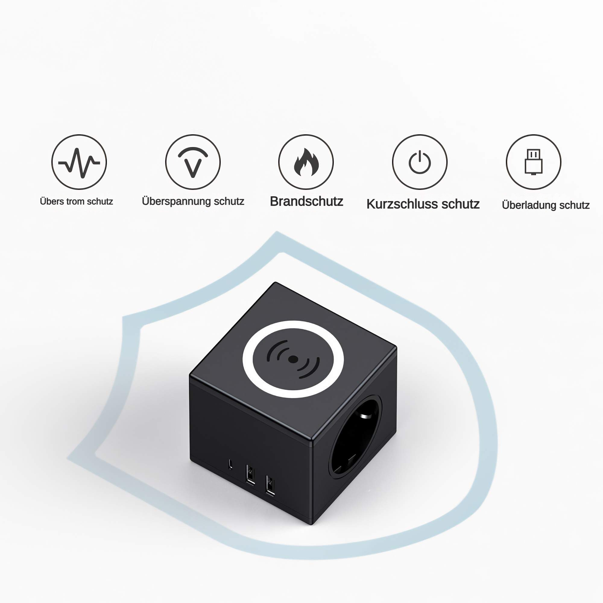 Schwarzer Power Cube mit kabellosem Laden und USB-Anschlüssen. Symbole für Schutzarten umgeben ihn. Weißer Hintergrund.
