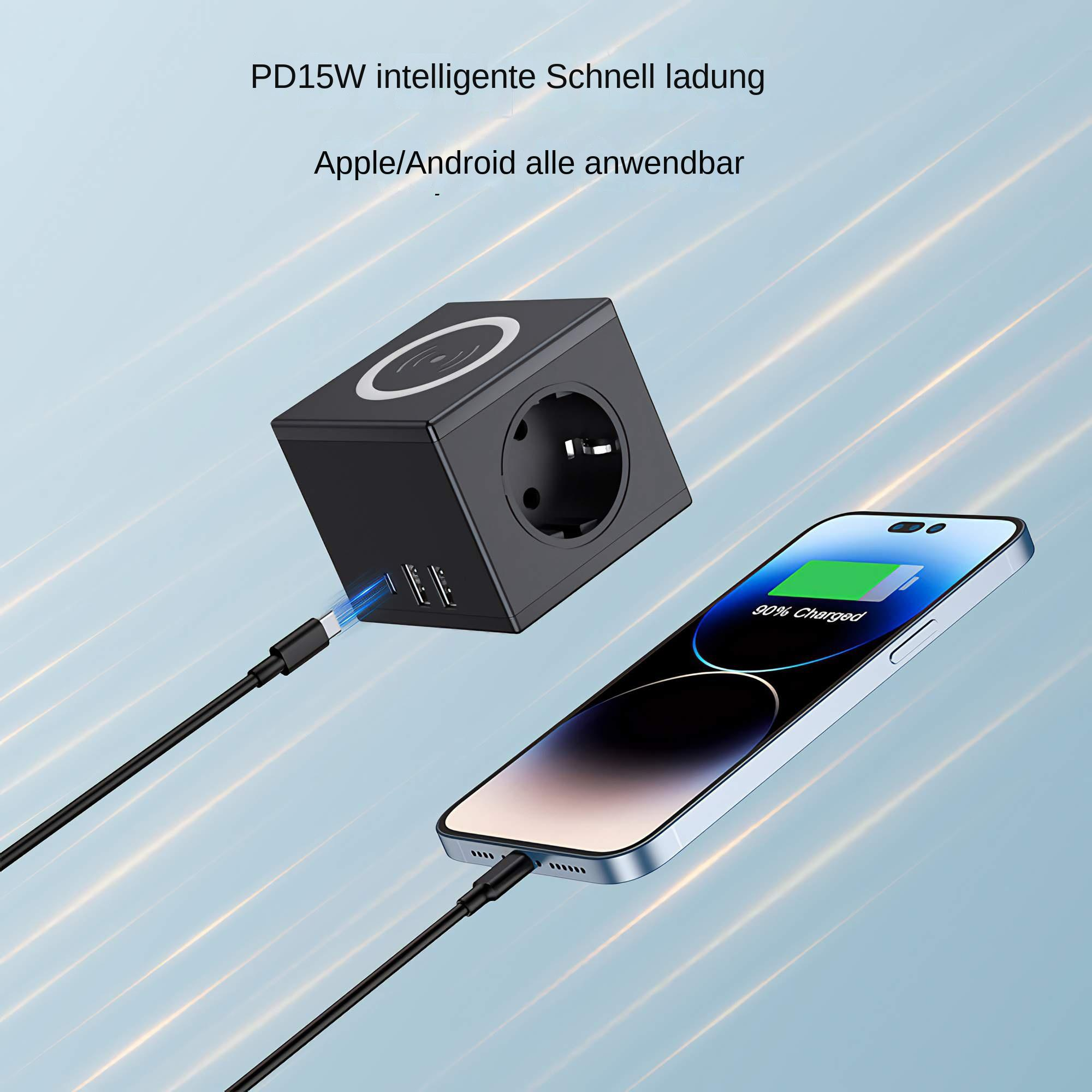Schwarzer Ladecube mit Steckdose, USB-Anschlüssen und kabellosem Ladepad. Ein Telefon wird geladen und zeigt 90 % geladen an.