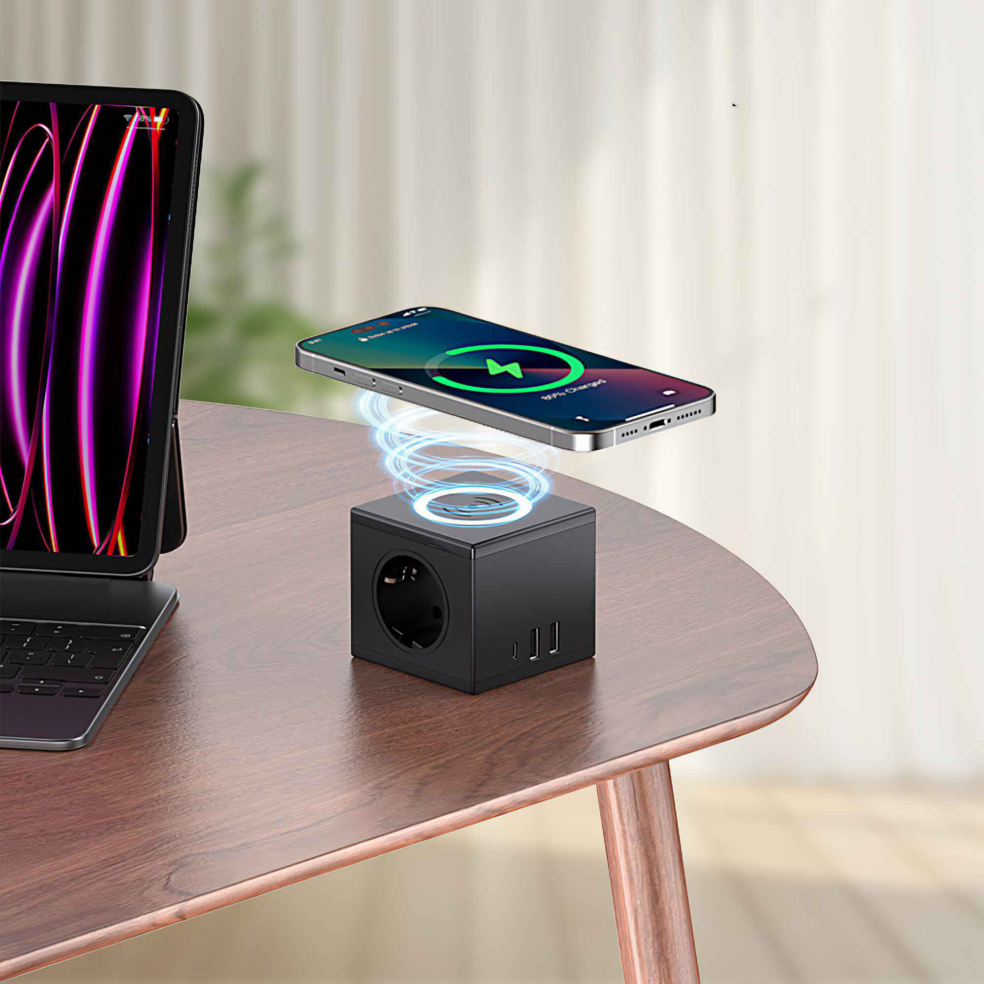 Eine kabellose Ladestation mit einem darüber aufladenden Telefon, einem Tablet und einem Holztisch.