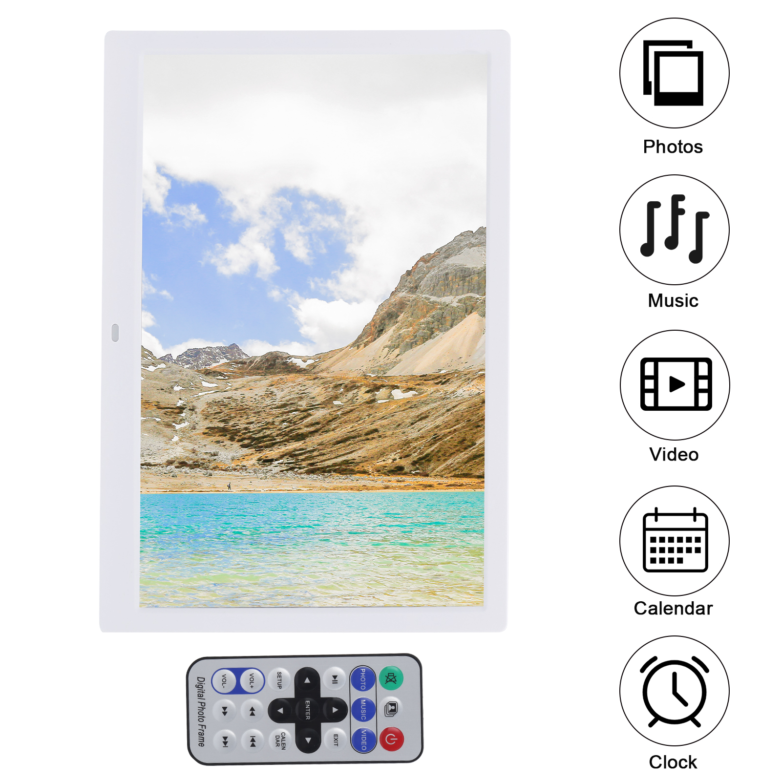 Digitaler Fotorahmen mit See und Bergen. Enthält Fernbedienung und Symbole für Fotos, Musik, Video, Kalender und Uhr.