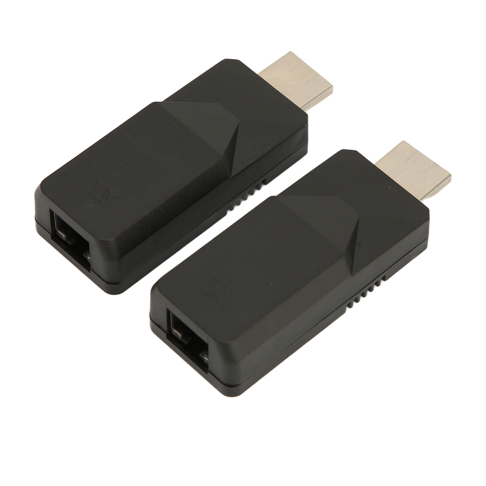 Zwei schwarze HDMI-Adapter auf weißem Hintergrund. Jeder hat einen silbernen Stecker und einen USB-Anschluss.