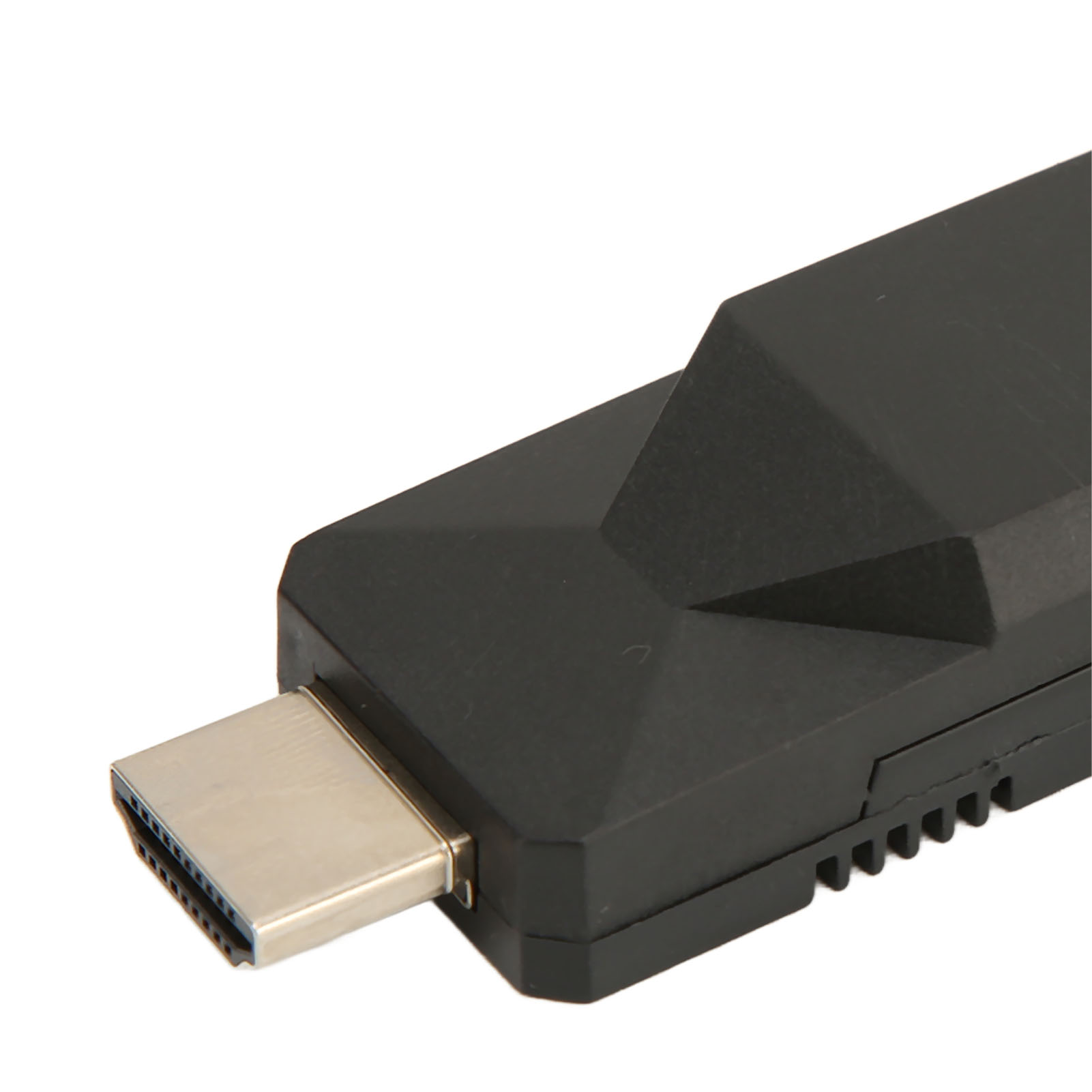 Ein schwarzer HDMI-Anschluss mit silbernem Anschluss auf weißem Hintergrund. Das Gerät hat ein geometrisches Design.