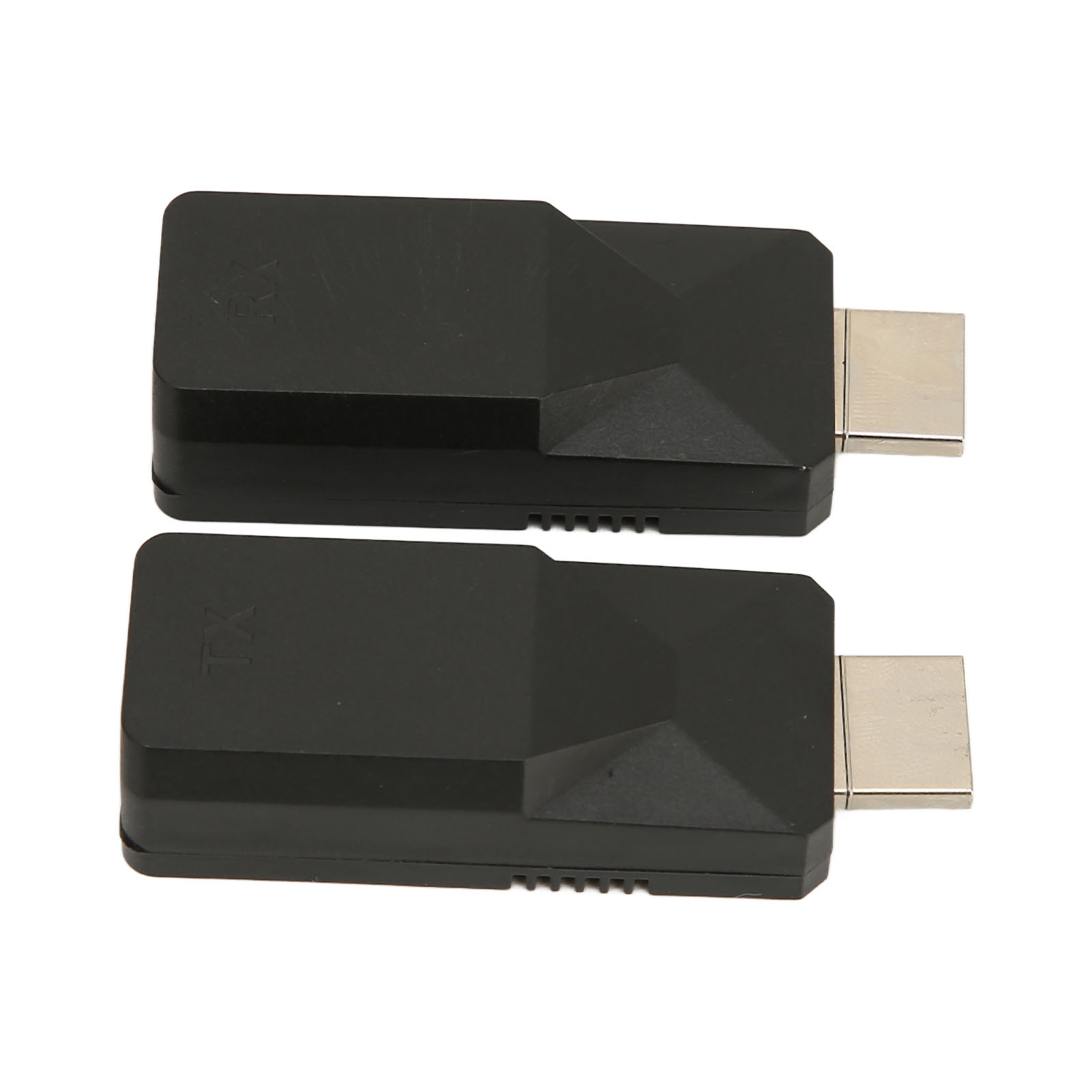 Zwei schwarze rechteckige HDMI-Adapter, einer mit der Aufschrift RX, der andere TX, auf weißem Hintergrund.