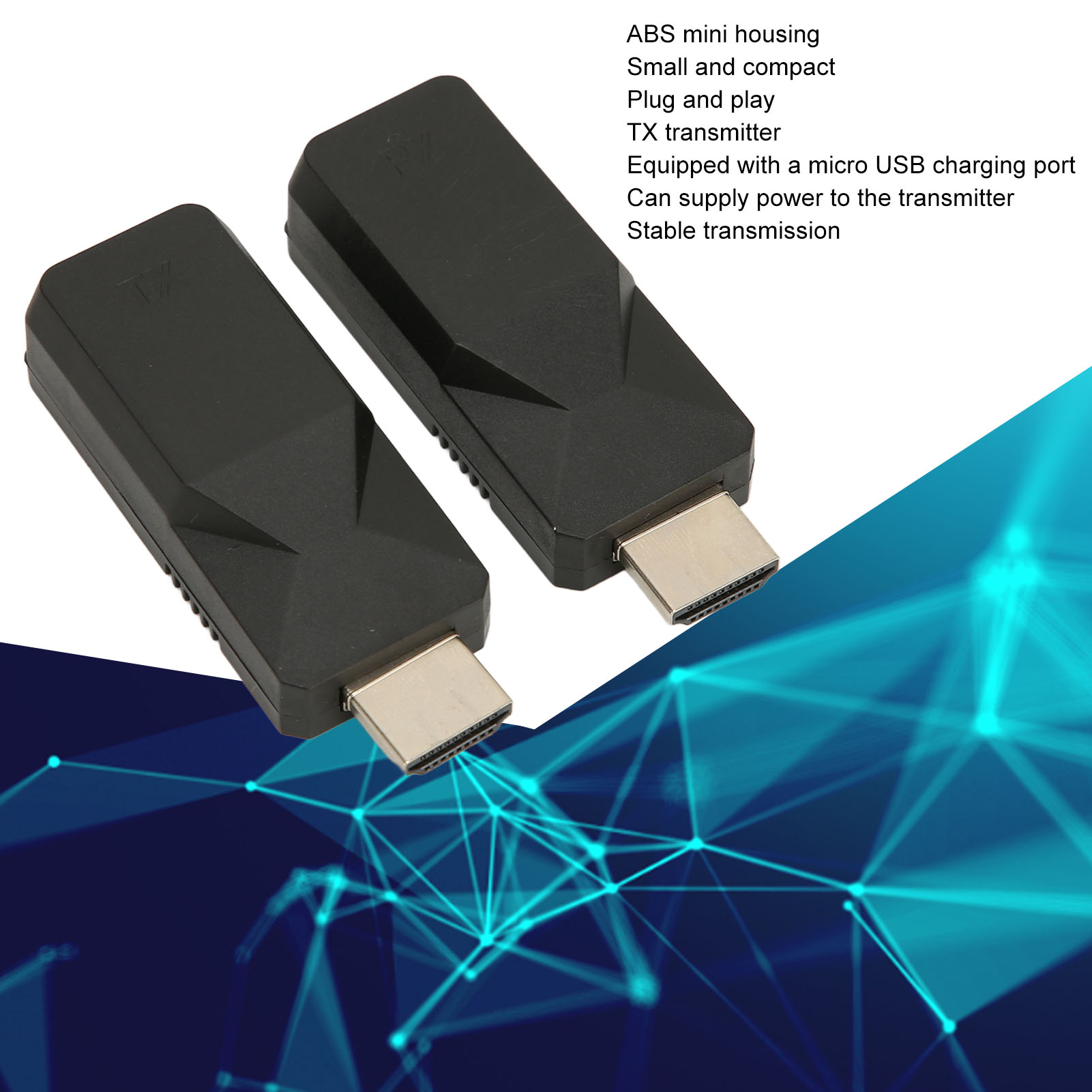 Zwei schwarze, rechteckige TX-Transmitter mit HDMI-Anschlüssen auf blauem geometrischen Hintergrund.