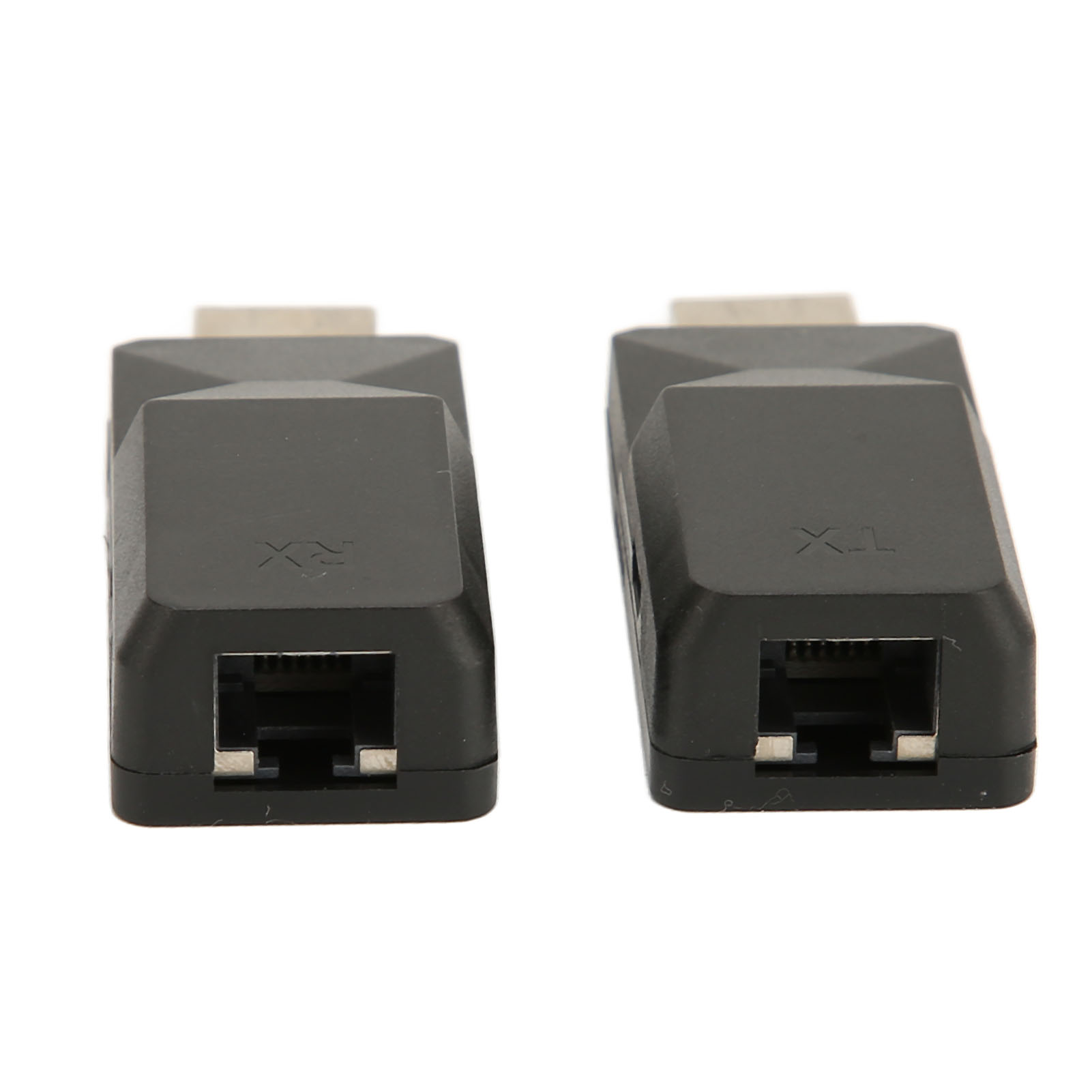 Zwei schwarze RJ45-auf-VGA-Adapter. Einer mit RX, der andere mit TX beschriftet. Beide haben silberne Anschlüsse und sind auf weißem Hintergrund.