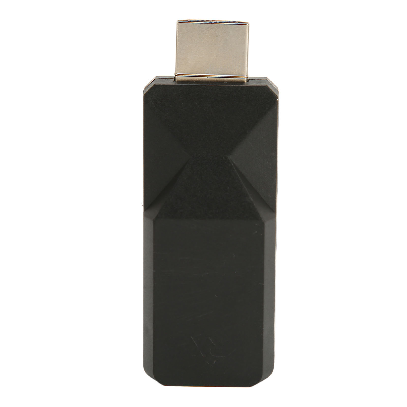 Ein schwarzer USB-C-Adapter mit einem silbernen Stecker. Der Adapter hat einen rechteckigen Körper mit abgewinkelten Kanten.