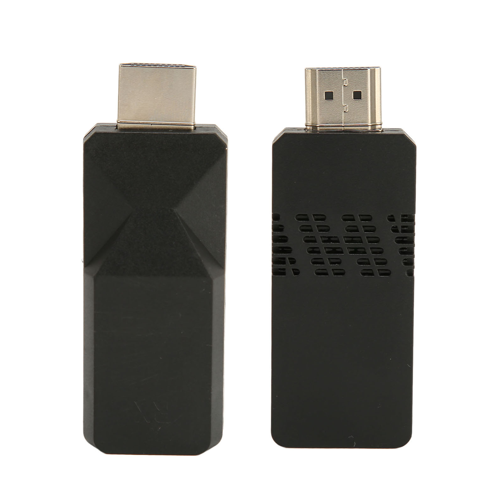 Zwei schwarze HDMI-Dongles vor weißem Hintergrund. Einer hat eine facettierte Oberfläche, der andere ein Muster.