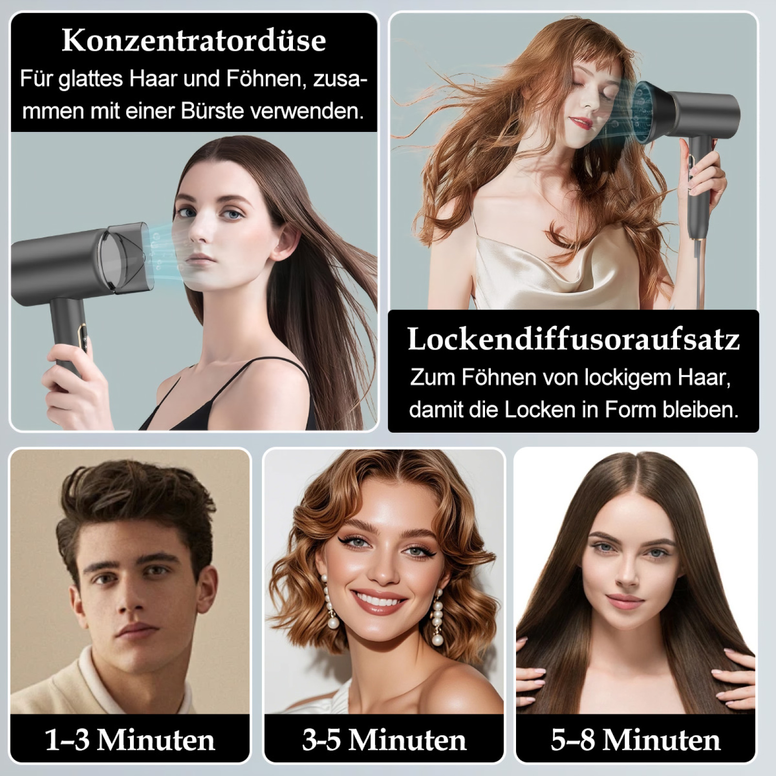 Das Bild zeigt Haartrockneraufsätze und Personen mit gestylten Haaren. Text erwähnt glattes, lockiges Haar und empfohlene Trocknungszeiten.