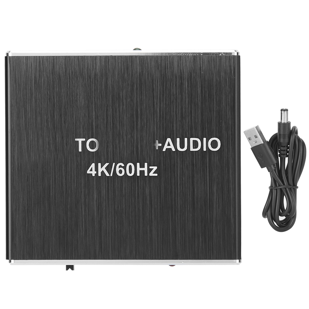 Schwarzes Audiogerät mit dem Text "TO AUDIO 4K/60Hz". Ein USB-Kabel und Stromanschluss sind rechts.