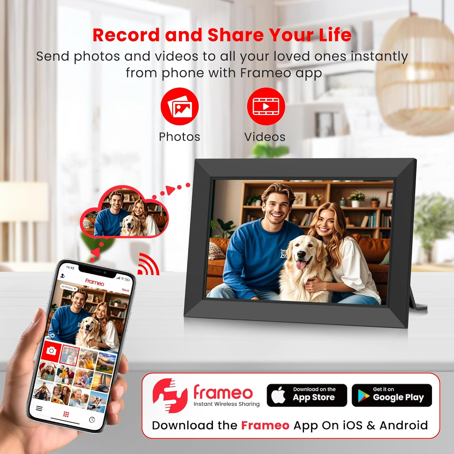 Ein Smartphone zeigt Fotos und Videos und synchronisiert sich drahtlos mit einem digitalen Rahmen. Der Rahmen zeigt ein Paar mit einem Hund.