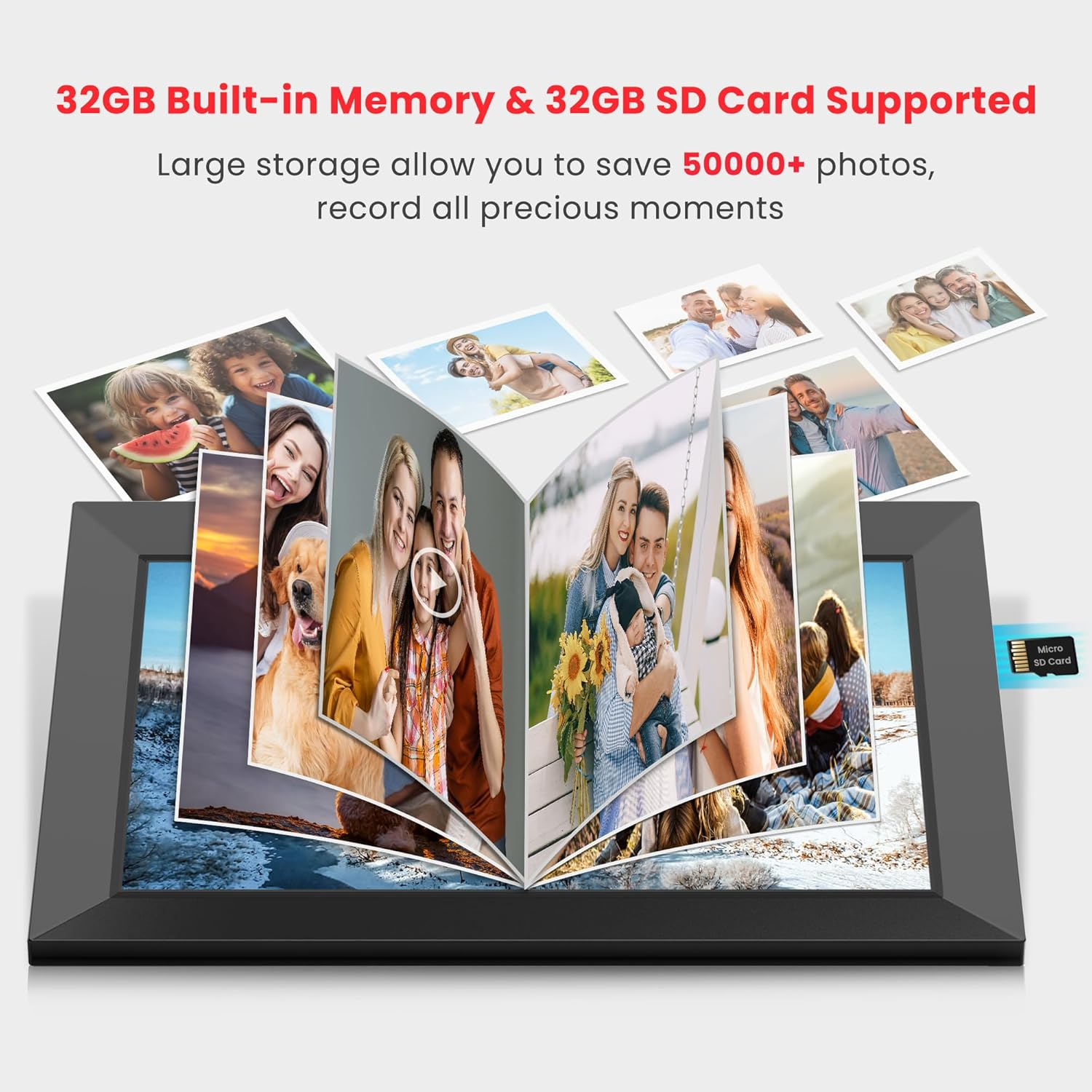 Digitaler Fotorahmen, der Familienfotos anzeigt. Text: 32GB interner Speicher und SD-Karte unterstützt. Speichern Sie 50000+ Fotos.