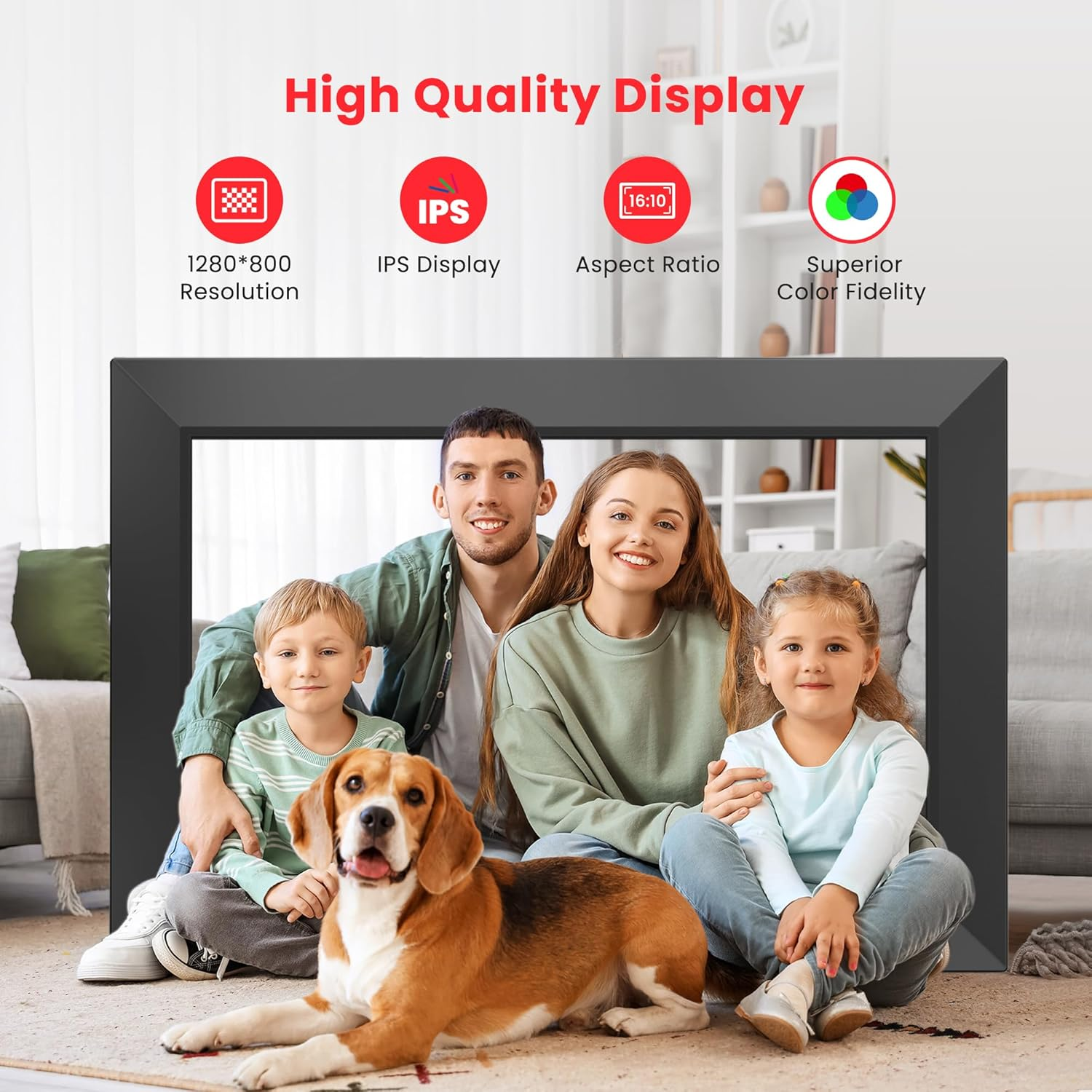 Eine Familie mit Hund in einem digitalen Bilderrahmen. Der Rahmen zeigt die Familie. Symbole mit Text beschreiben Display-Funktionen.