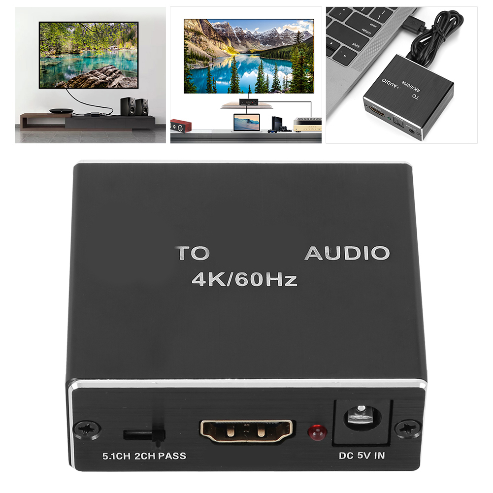 Ein schwarzer HDMI-Audioextraktor mit den Aufschriften 'TO AUDIO', '4K/60Hz' und Anschlüssen. Bilder zeigen TVs und andere Geräte.