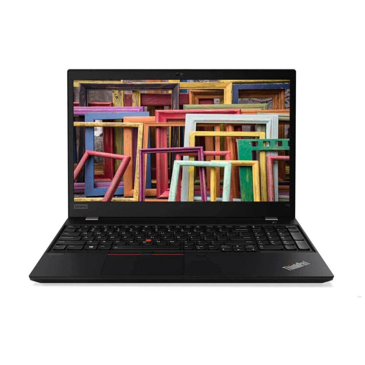 Czarny laptop Lenovo ThinkPad wyświetla ekran wypełniony kolorowymi ramkami do zdjęć. Laptop jest na białym tle.